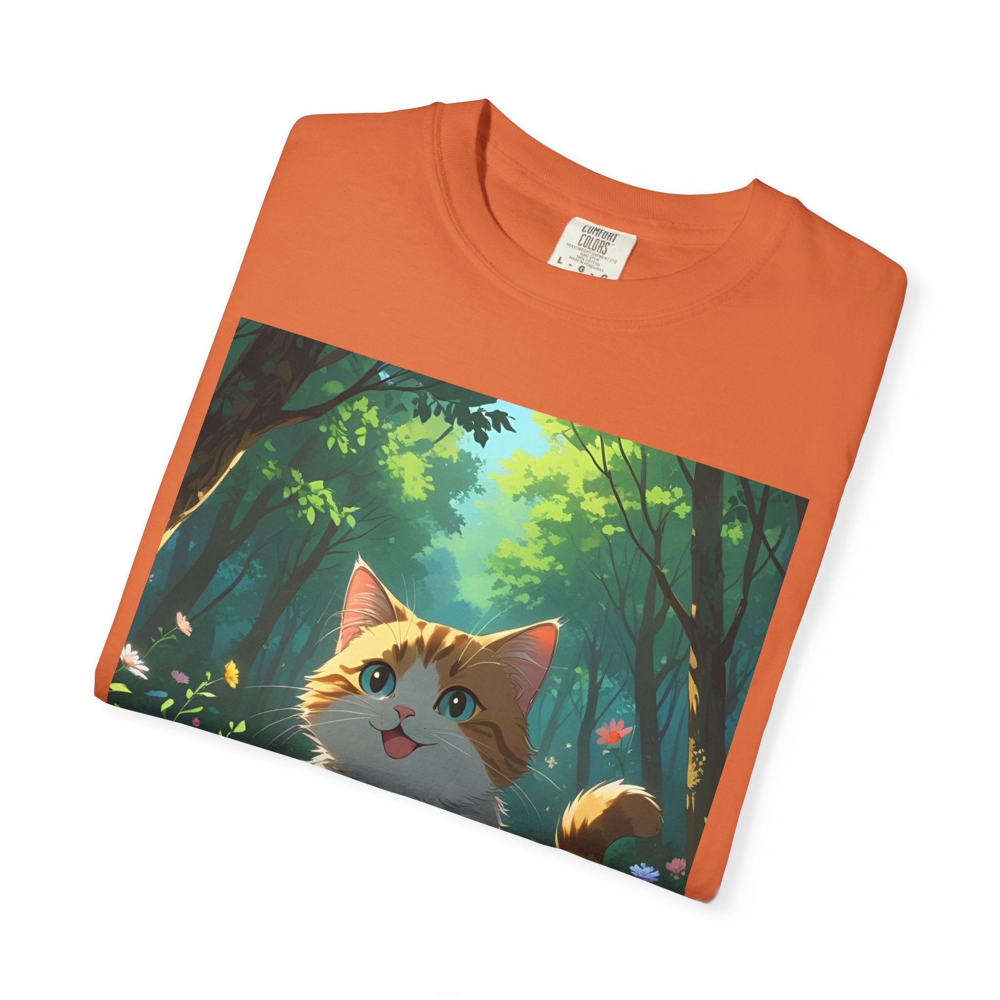 Whimsical Cat In Forest T-Shirt | Nature Lover Gift, Cute Pet Shirt, Animal Art Tee, Summer Outfit, Eco-Friendly Fashion