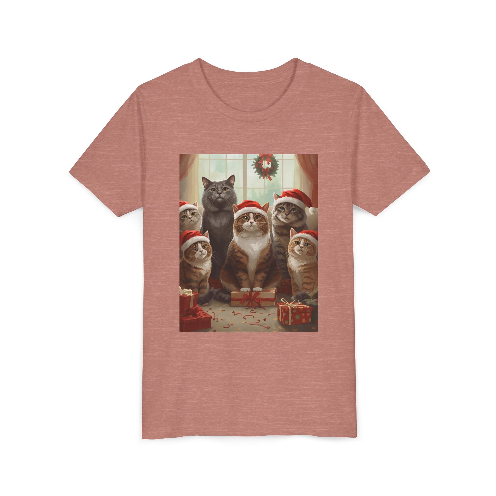 Cute Festive Christmas Cat Youth Short Sleeve Tee