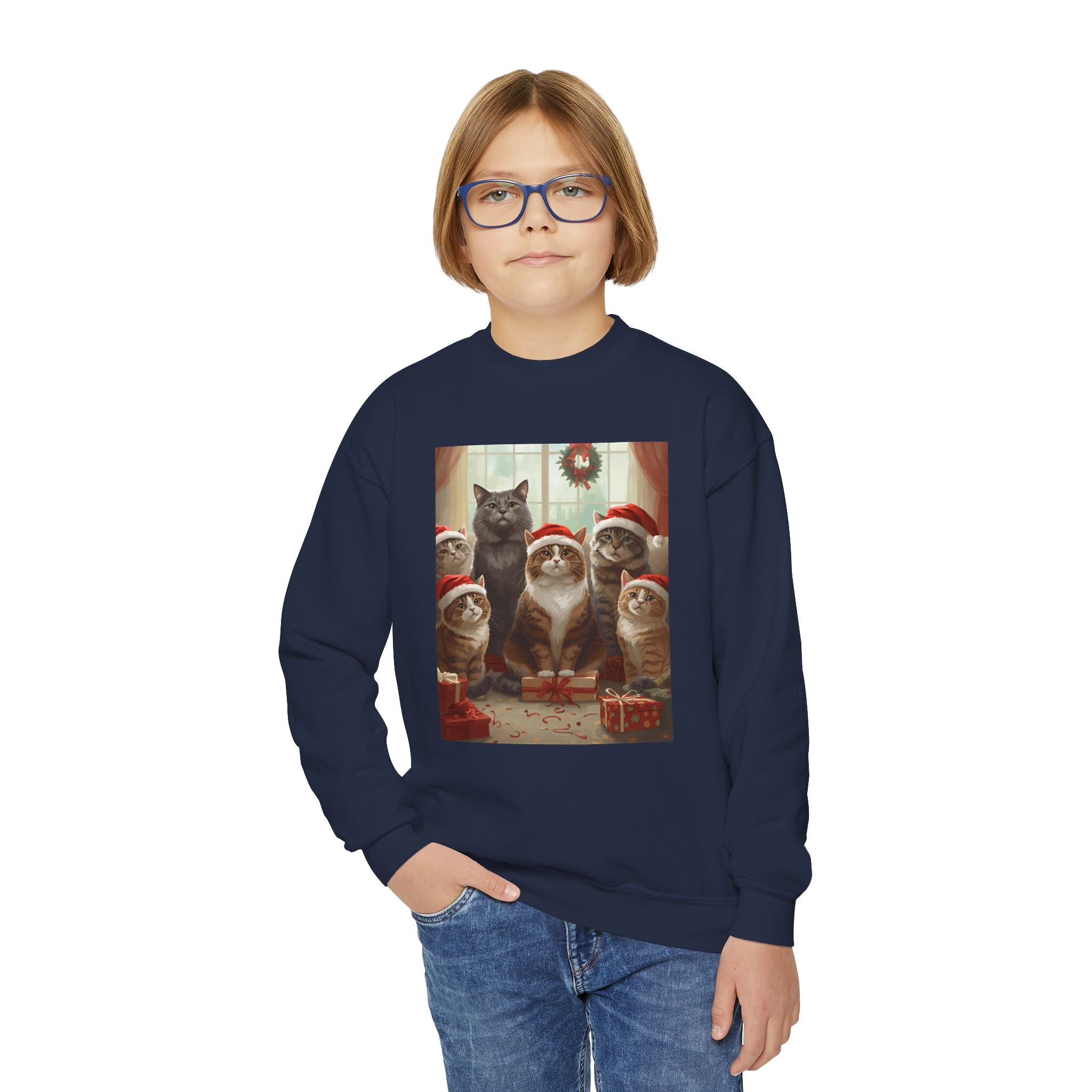 Cute Festive Christmas Cat Youth Crewneck Sweatshirt