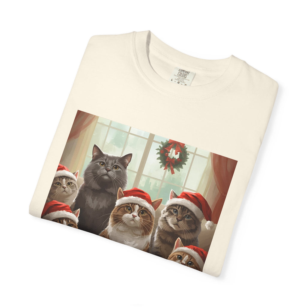Cute Festive Funny Christmas Cat T-Shirt, Holiday Gift for Cat Lovers, Cute Tee for Winter, Unisex Garment-Dyed Shirt, Christmas Apparel, Festive Outfit