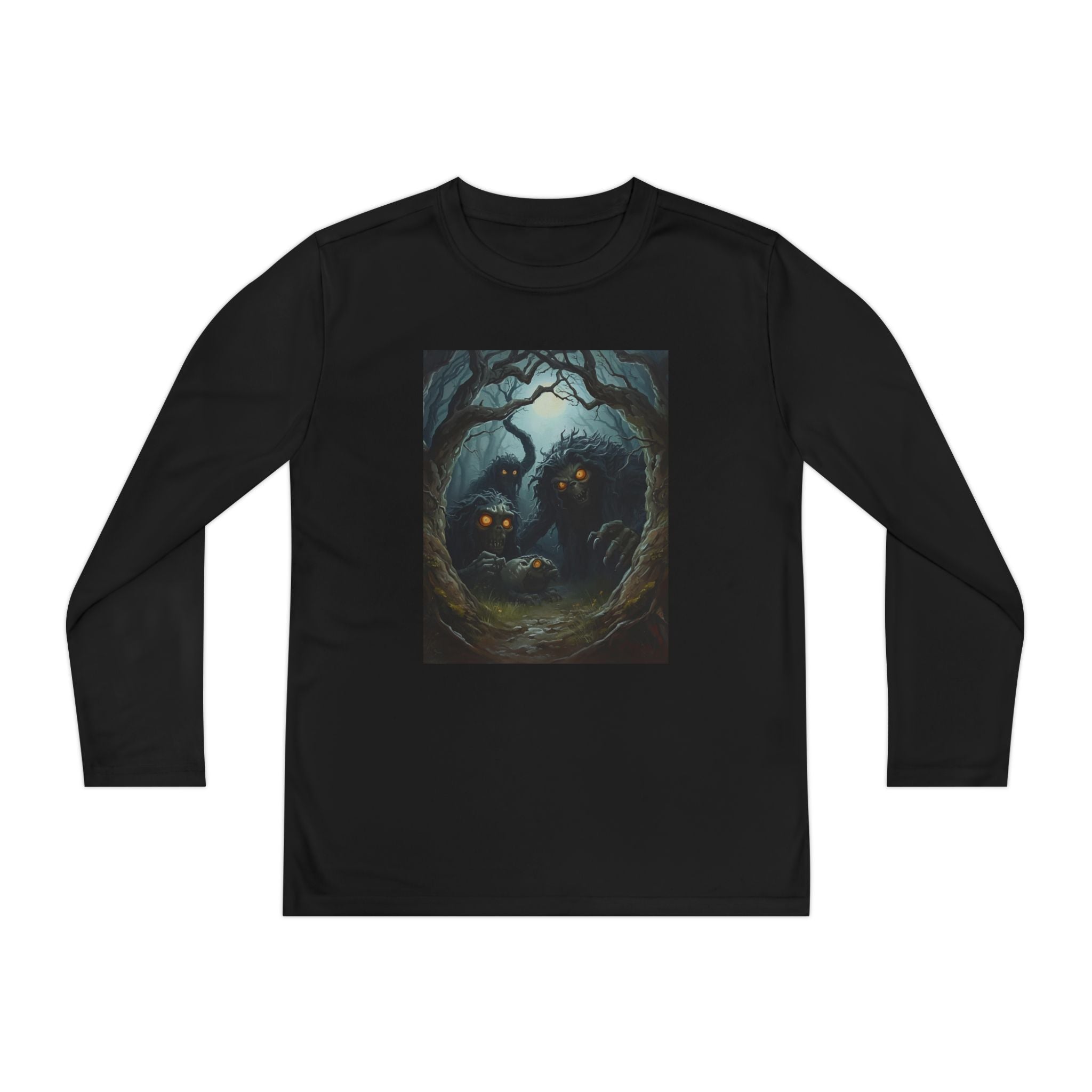 Spooky Forest Creatures Youth Long Sleeve Tee with Enchanted Forest Design, Comfortable Unisex T-Shirt for All Seasons, Perfect for Halloween and Nature Lovers