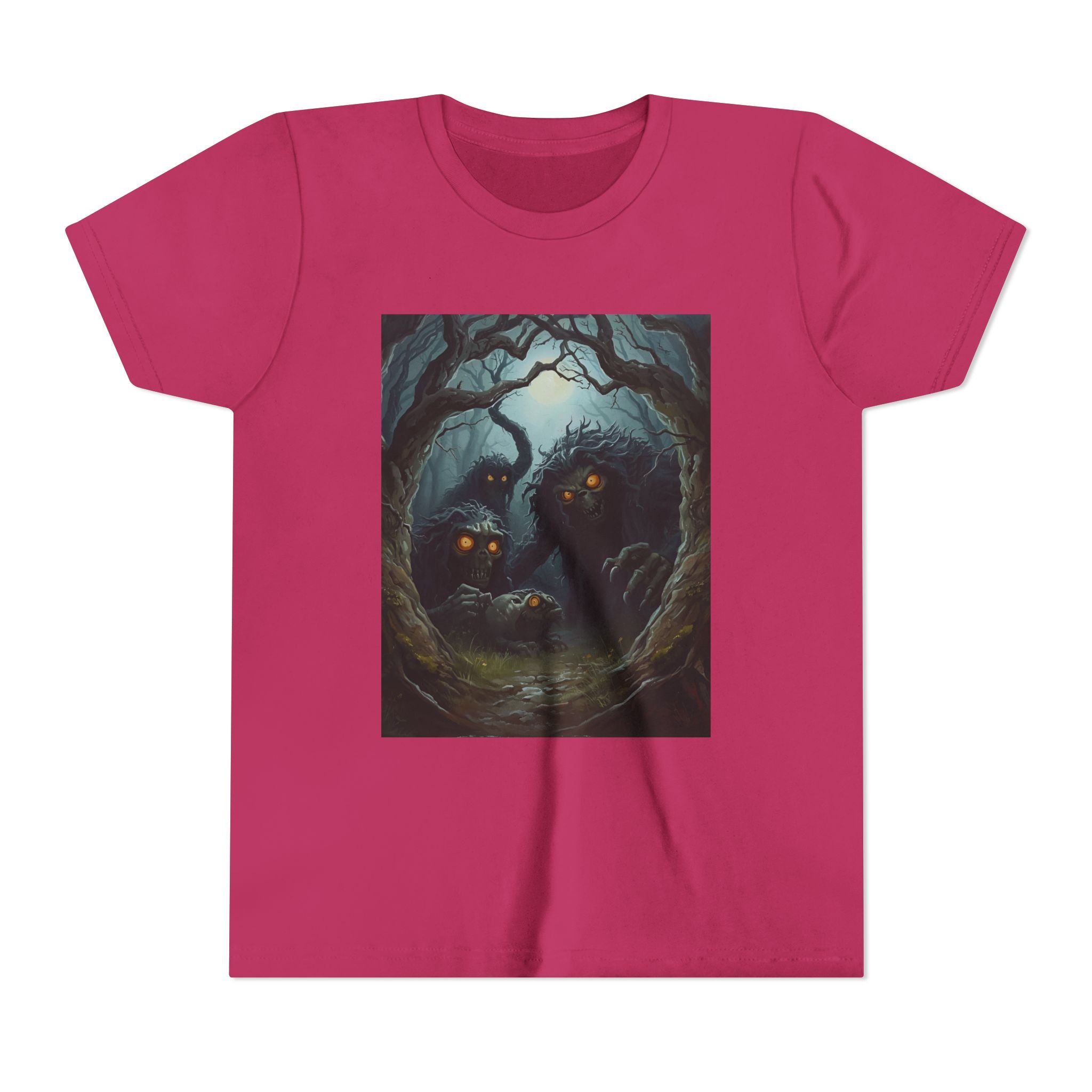 Spooky Mystical Forest Creatures Youth Tee, Cool Graphic T-Shirt, Kids Nature Shirt, Unique Gift for Boys & Girls, Perfect for Halloween