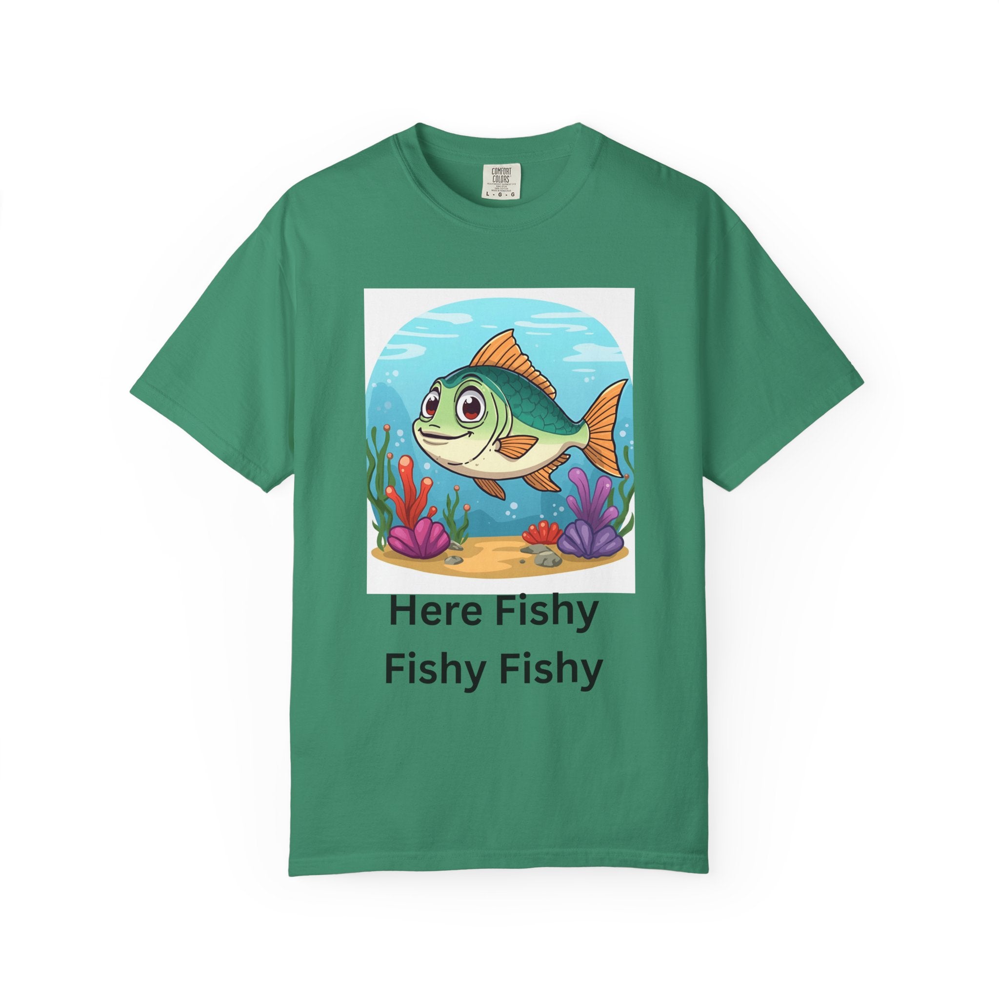 Here Fishy Fishy Fishy Colorful Fish-Themed Unisex T-Shirt, Fun Graphic Tee for Kids and Adults, Perfect for Summer, Fishing Trips, and Gift Giving
