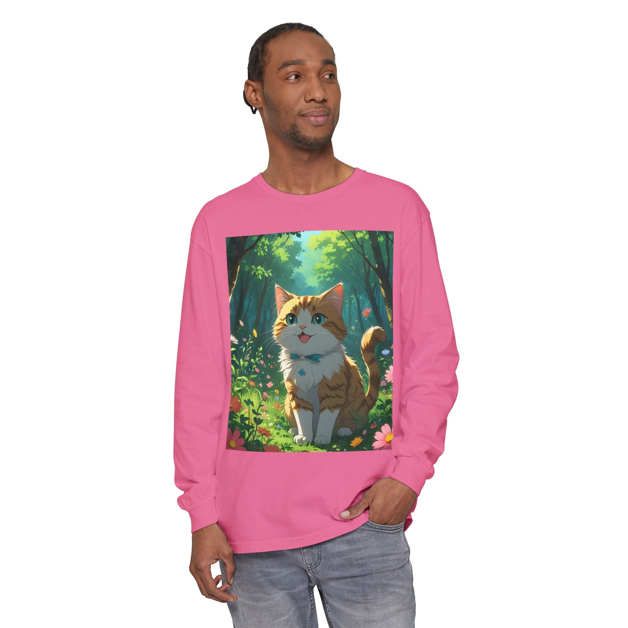 Whimsical Cat In Forest Long Sleeve T-Shirt - Perfect for Cat Lovers, Nature Enthusiasts, Gifts, Cozy Wear, Everyday Style