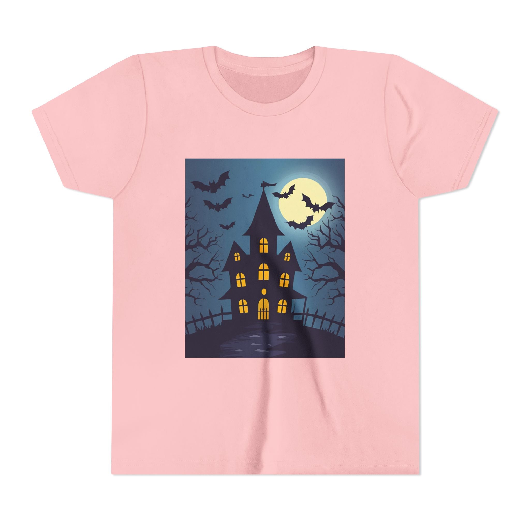 Spooky Halloween Haunted House Youth Tee, Kids Ghost T-Shirt, Haunted House Apparel, Bat Design Shirt, Trick or Treat Clothing