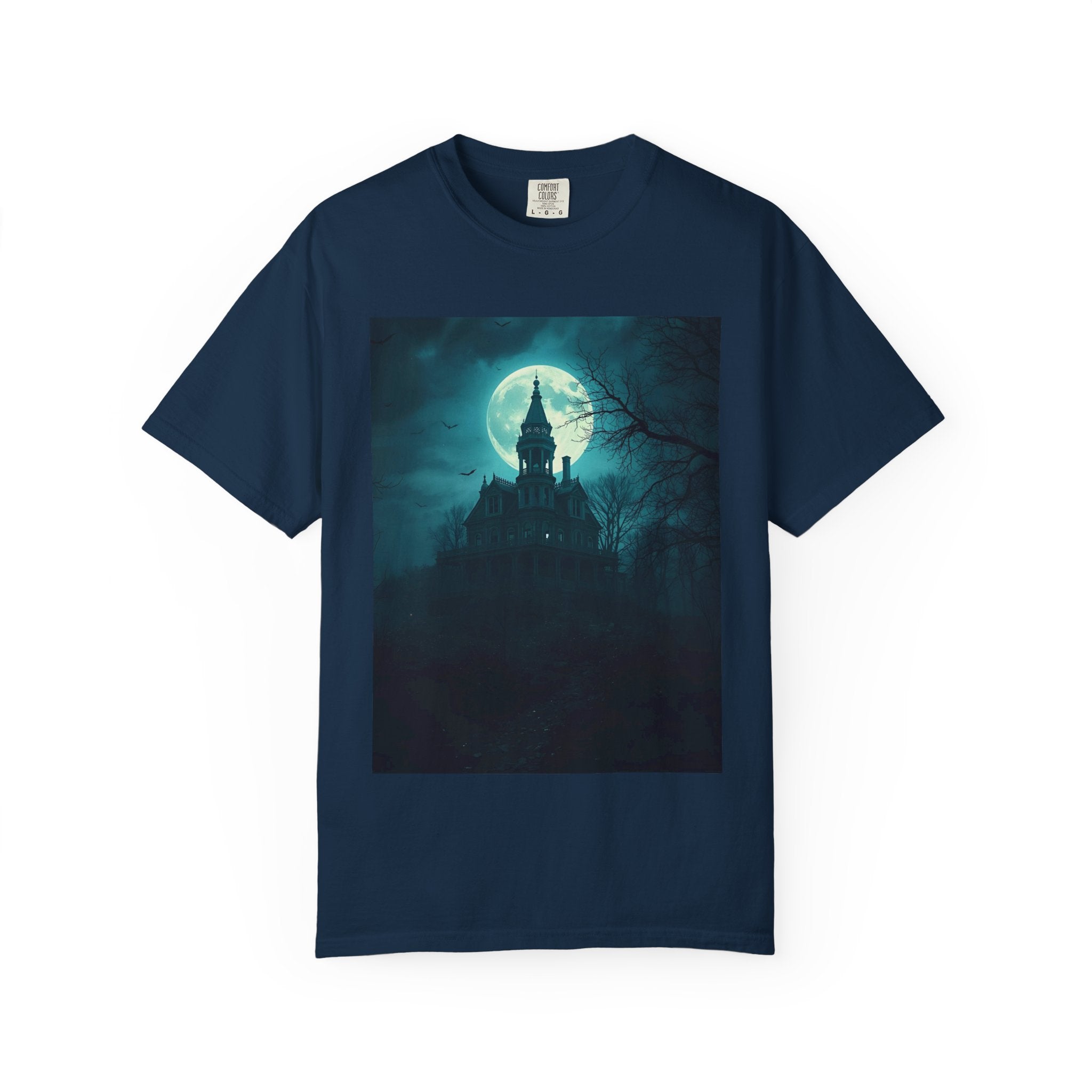 Haunted Moonlight Spooky Castle Graphic Tee | Unisex Garment-Dyed T-shirt, Halloween Shirt, Graphic Tee, Casual Wear, Gift for Ghost Lovers