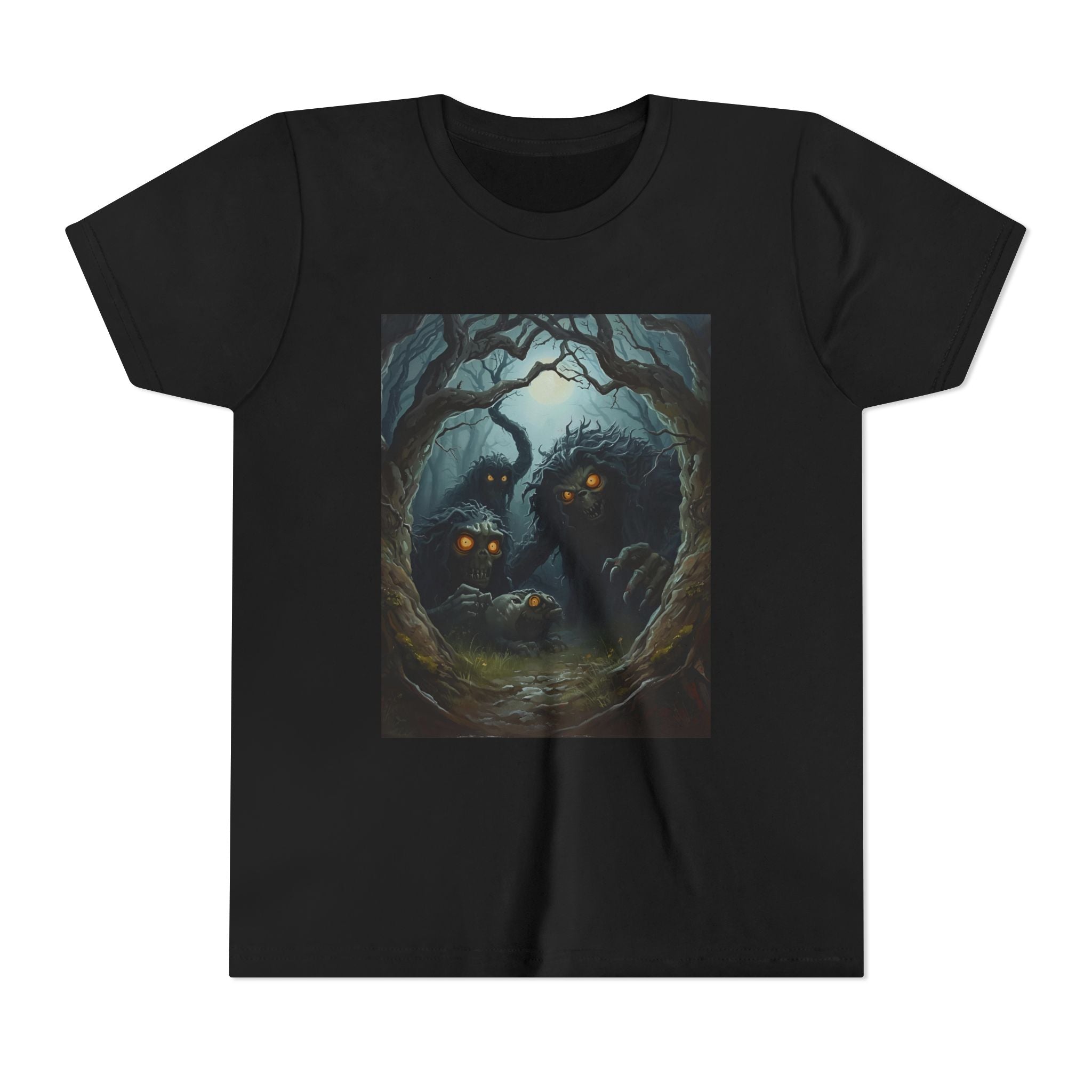 Spooky Mystical Forest Creatures Youth Tee, Cool Graphic T-Shirt, Kids Nature Shirt, Unique Gift for Boys & Girls, Perfect for Halloween