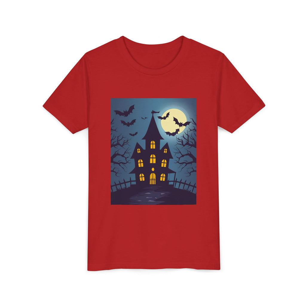 Spooky Halloween Haunted House Youth Tee, Kids Ghost T-Shirt, Haunted House Apparel, Bat Design Shirt, Trick or Treat Clothing