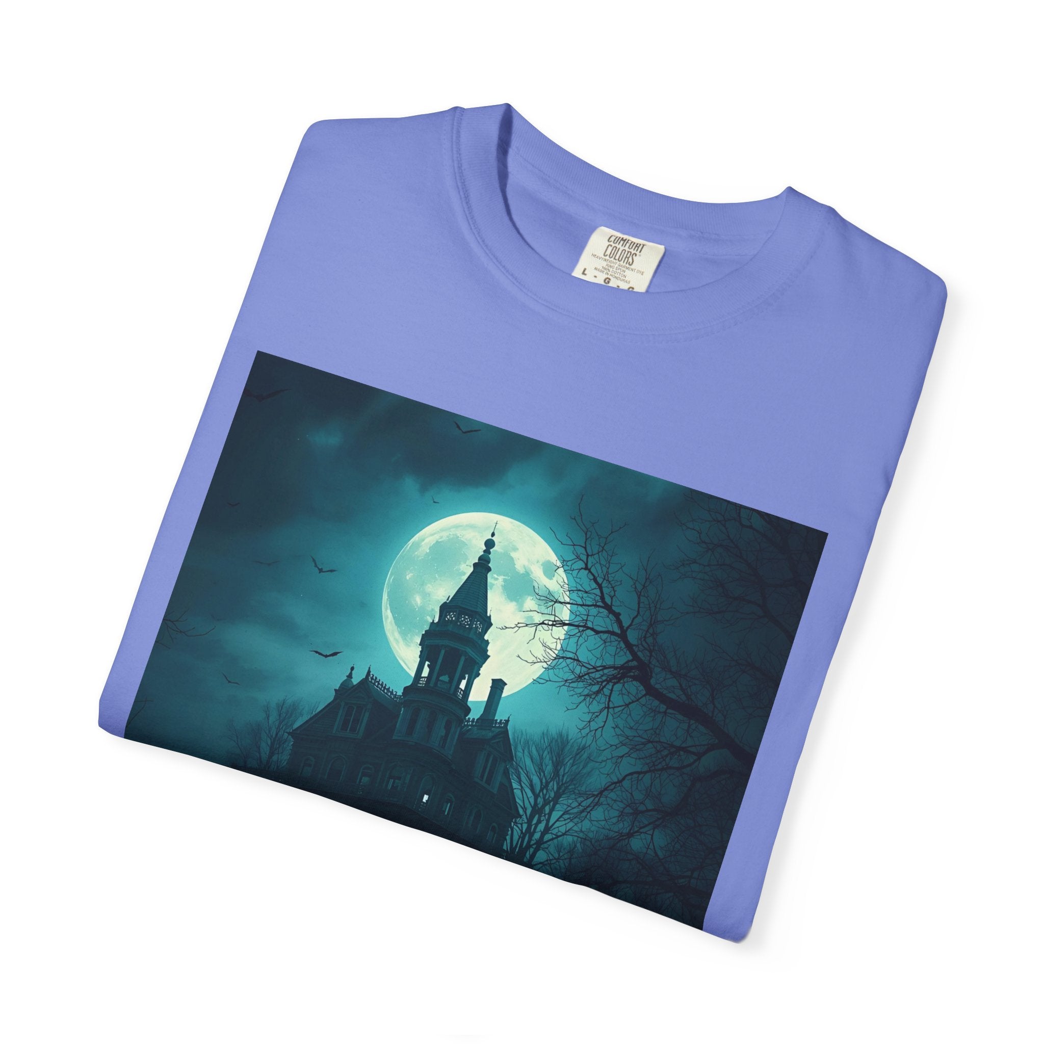 Haunted Moonlight Spooky Castle Graphic Tee | Unisex Garment-Dyed T-shirt, Halloween Shirt, Graphic Tee, Casual Wear, Gift for Ghost Lovers
