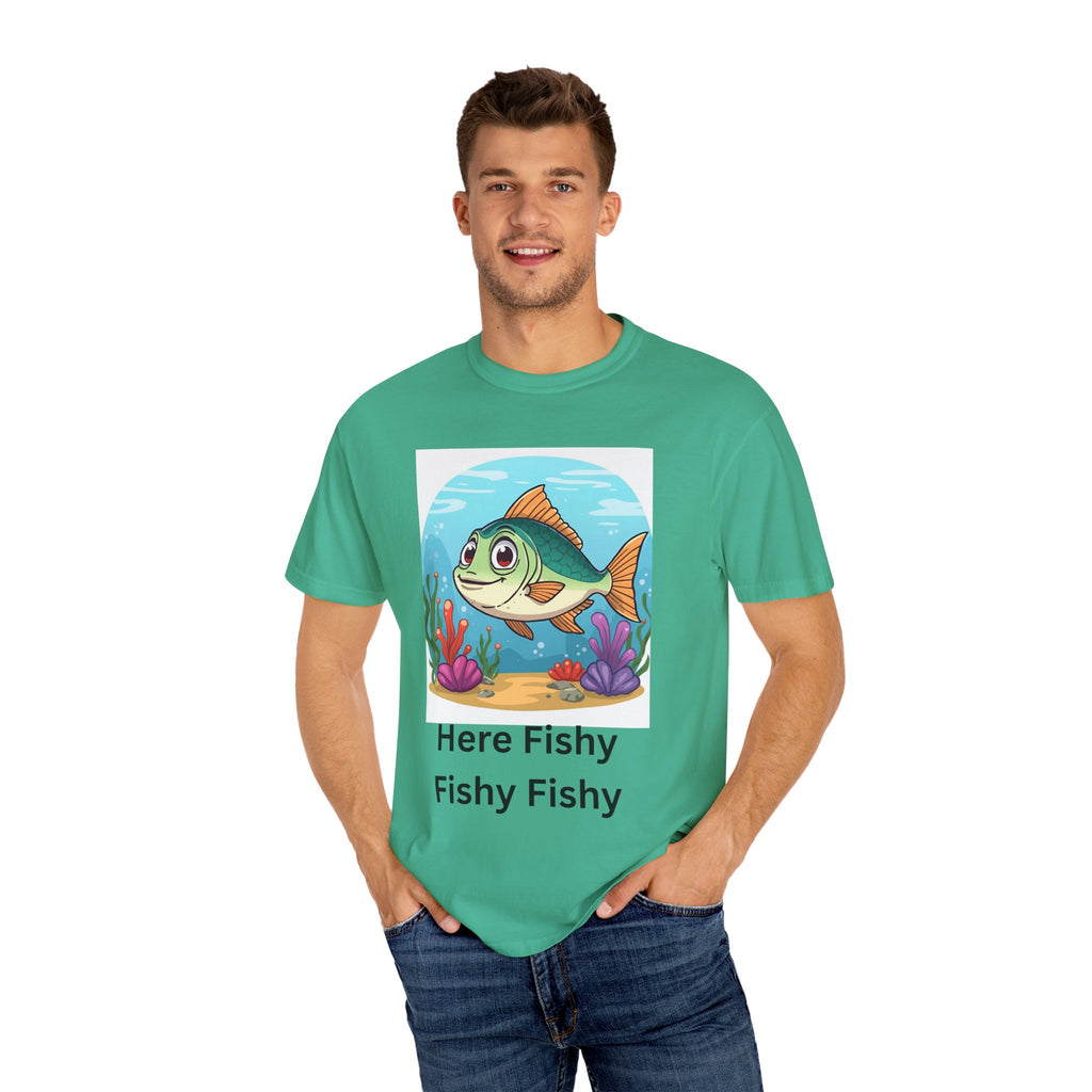 Here Fishy Fishy Fishy Colorful Fish-Themed Unisex T-Shirt, Fun Graphic Tee for Kids and Adults, Perfect for Summer, Fishing Trips, and Gift Giving