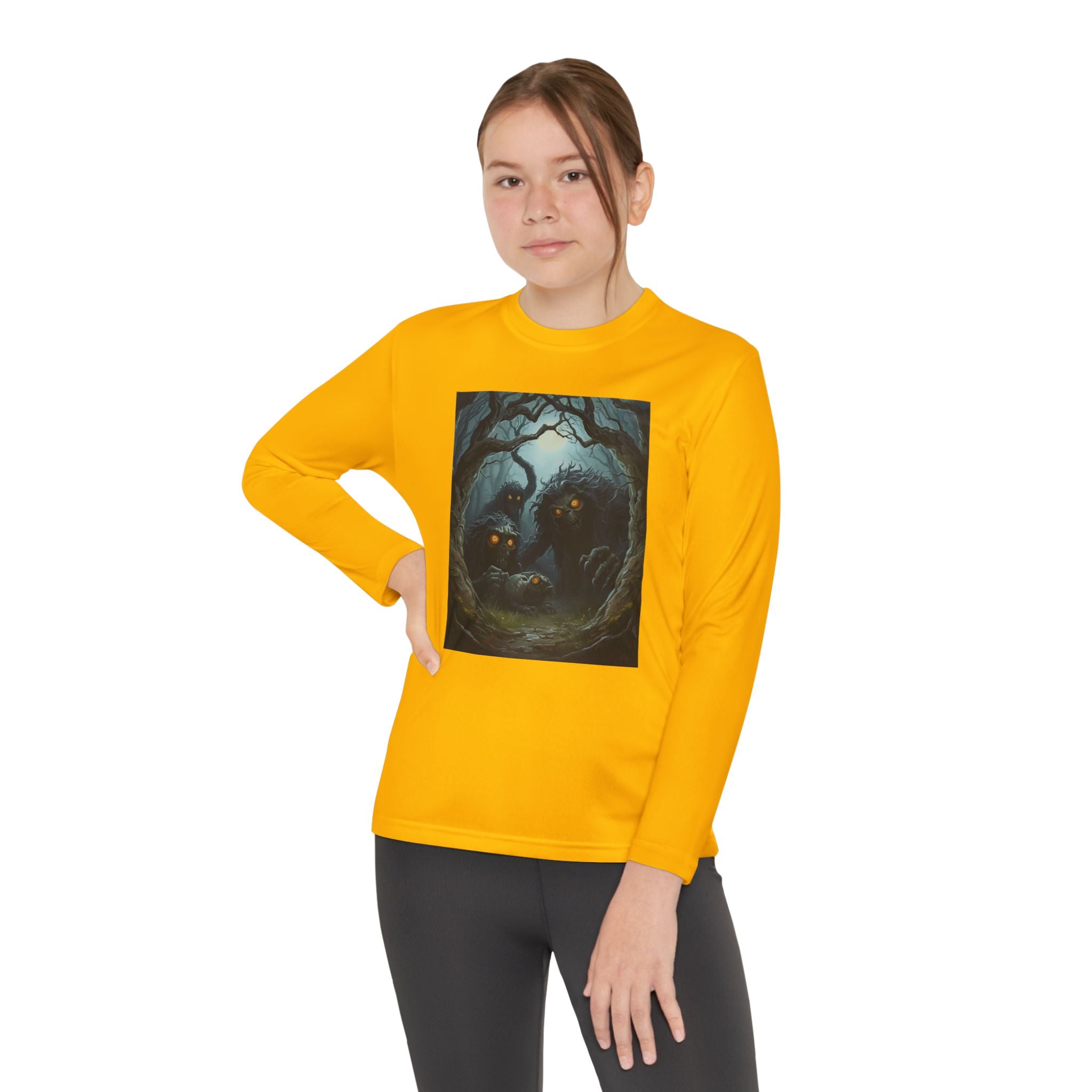 Spooky Forest Creatures Youth Long Sleeve Tee with Enchanted Forest Design, Comfortable Unisex T-Shirt for All Seasons, Perfect for Halloween and Nature Lovers
