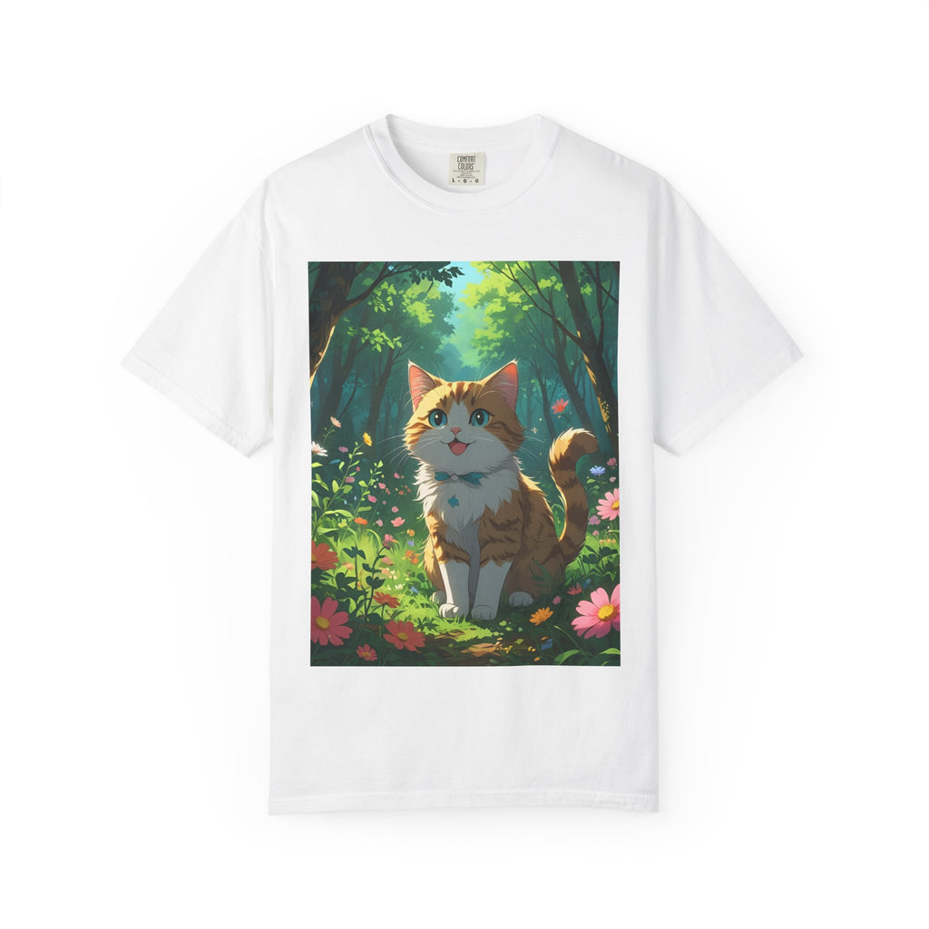 Whimsical Cat In Forest T-Shirt | Nature Lover Gift, Cute Pet Shirt, Animal Art Tee, Summer Outfit, Eco-Friendly Fashion