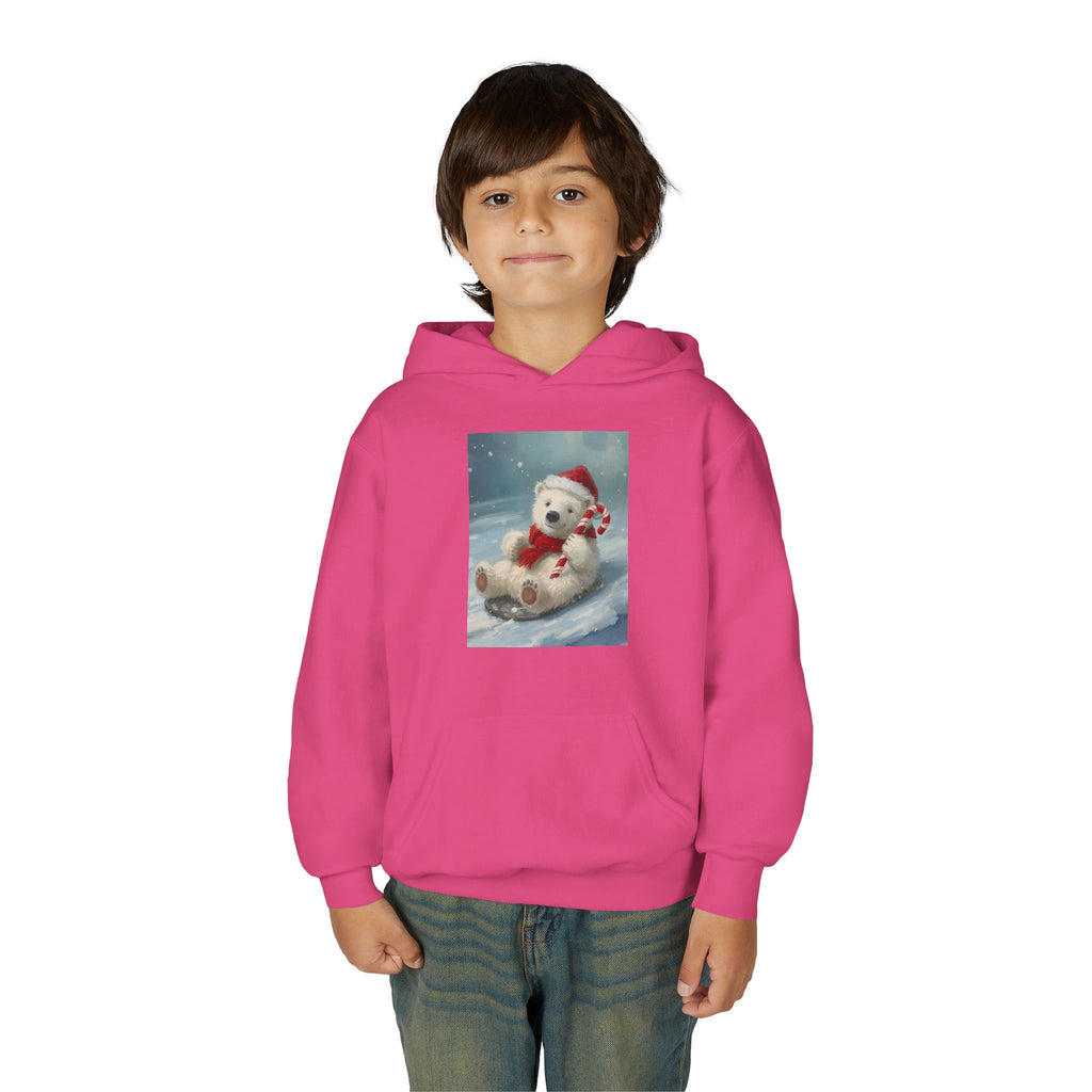 Cozy Christmas Bear Youth Hooded Sweatshirt, Winter Hoodie, Holiday Gift, Cute Sweatshirt for Kids, Festive Apparel