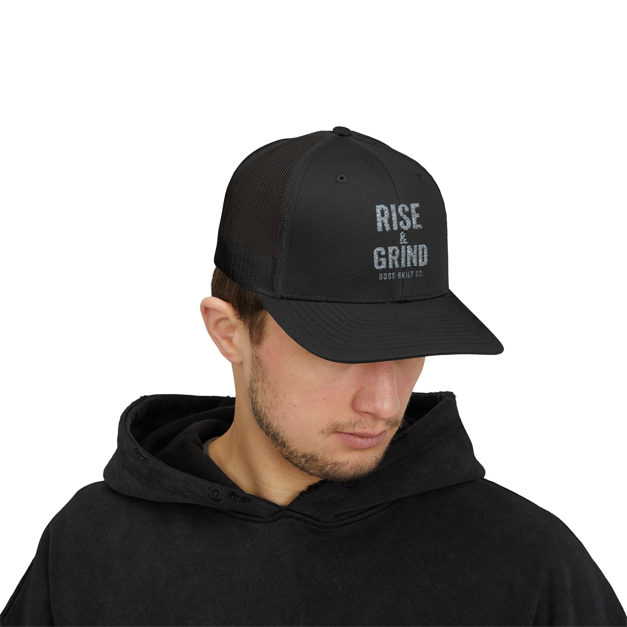 Boss Built Co Rise & Grind Snapback Trucker Cap — Motivational Embroidered Hat