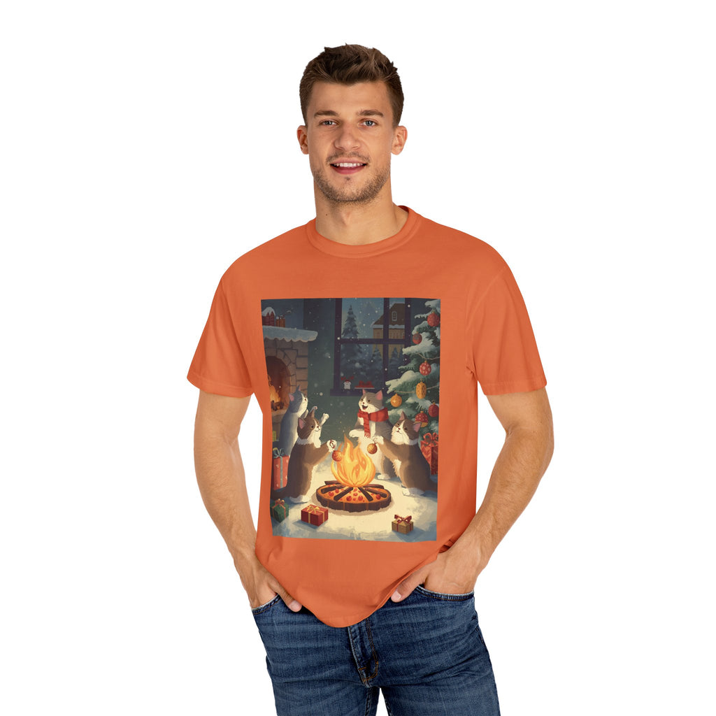 Cozy Winter Cat T-shirt, Unisex Garment-Dyed Shirt, Holiday Gift, Christmas Apparel, Cat Lover Tee, Festive Casual Wear
