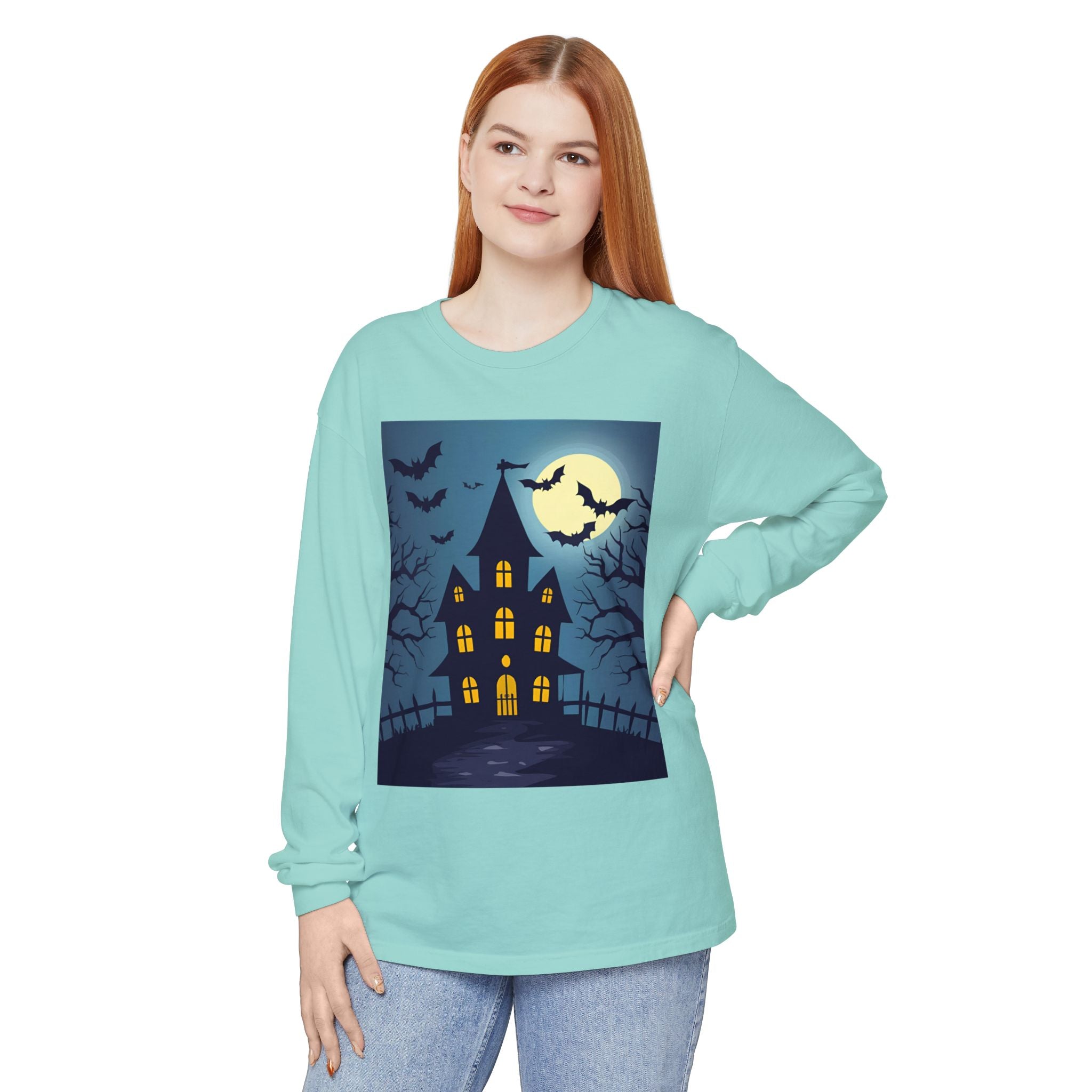 Haunted House Long Sleeve T-Shirt | Halloween Apparel, Fall Fashion, Spooky Shirt, Unisex Tee, Ghostly Vibes