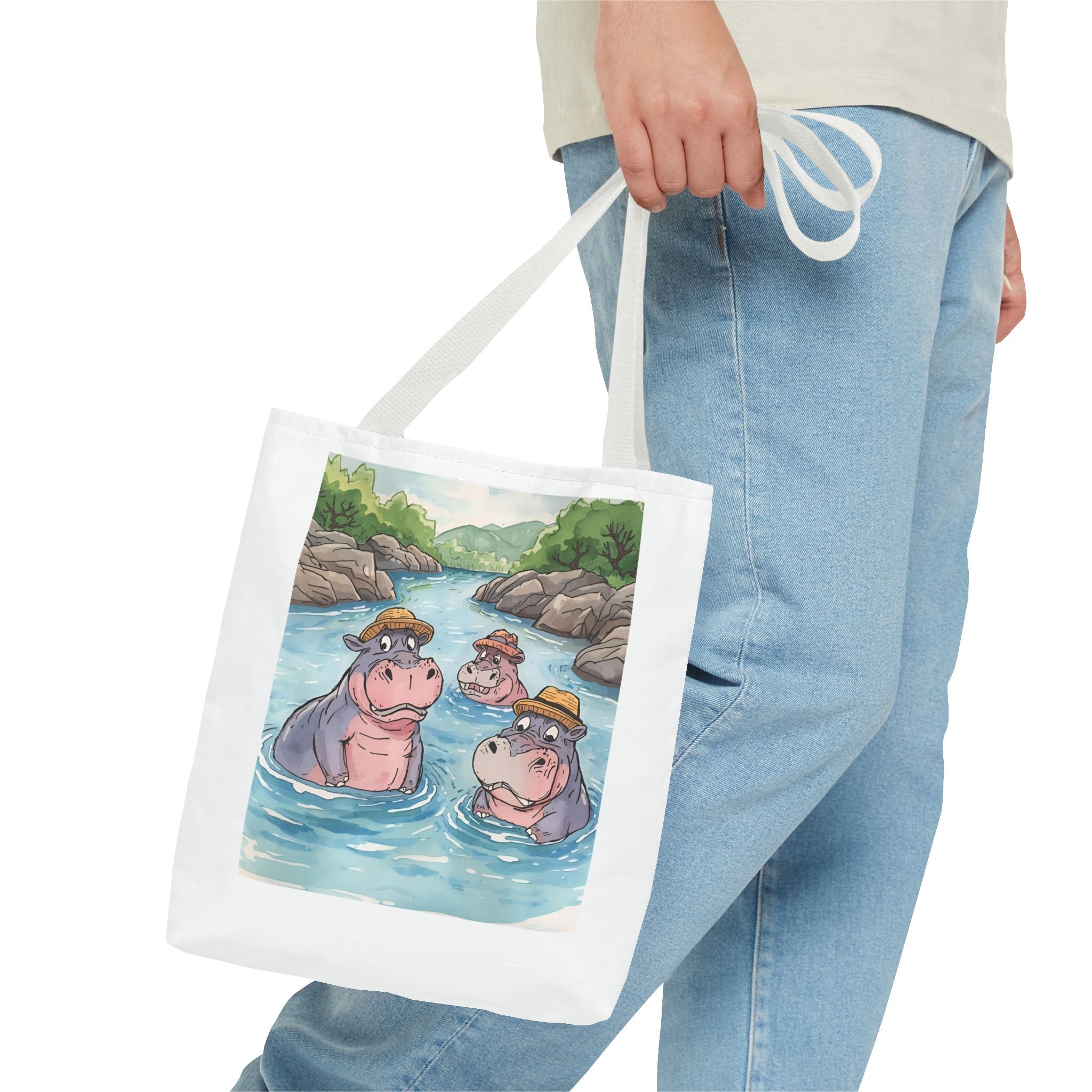 Playful Hippo Tote Bag, Fun Watercolor Tote, Animal Lover Gift, Eco-Friendly Shopping Bag, Cute Beach Bag, Summer Accessories