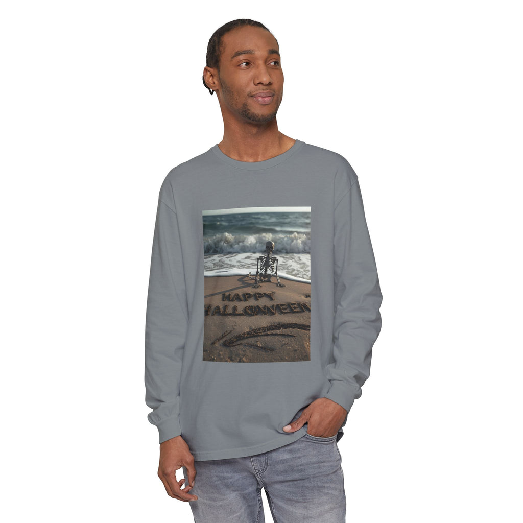 Happy Halloween Beach Skeleton Vibes Unisex Garment-dyed Long Sleeve T-Shirt