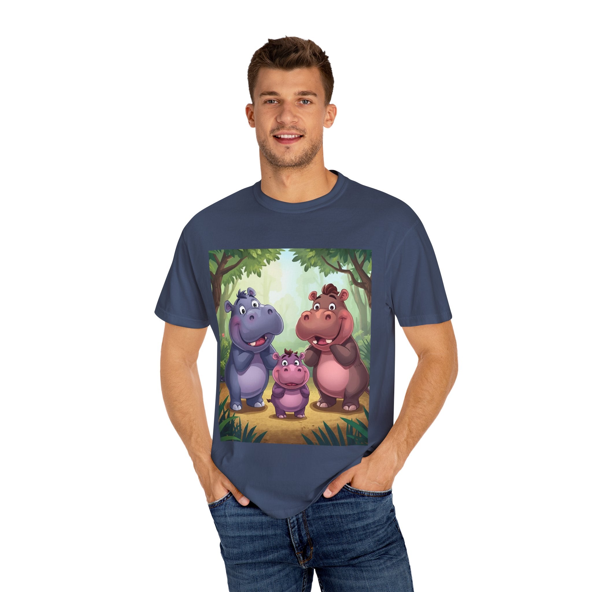 Cute Hippo Family T-Shirt, Unisex Garment-Dyed Tee, Animal Lovers Gift, Kids & Adults, Birthday, Family Reunion, Casual Wear
