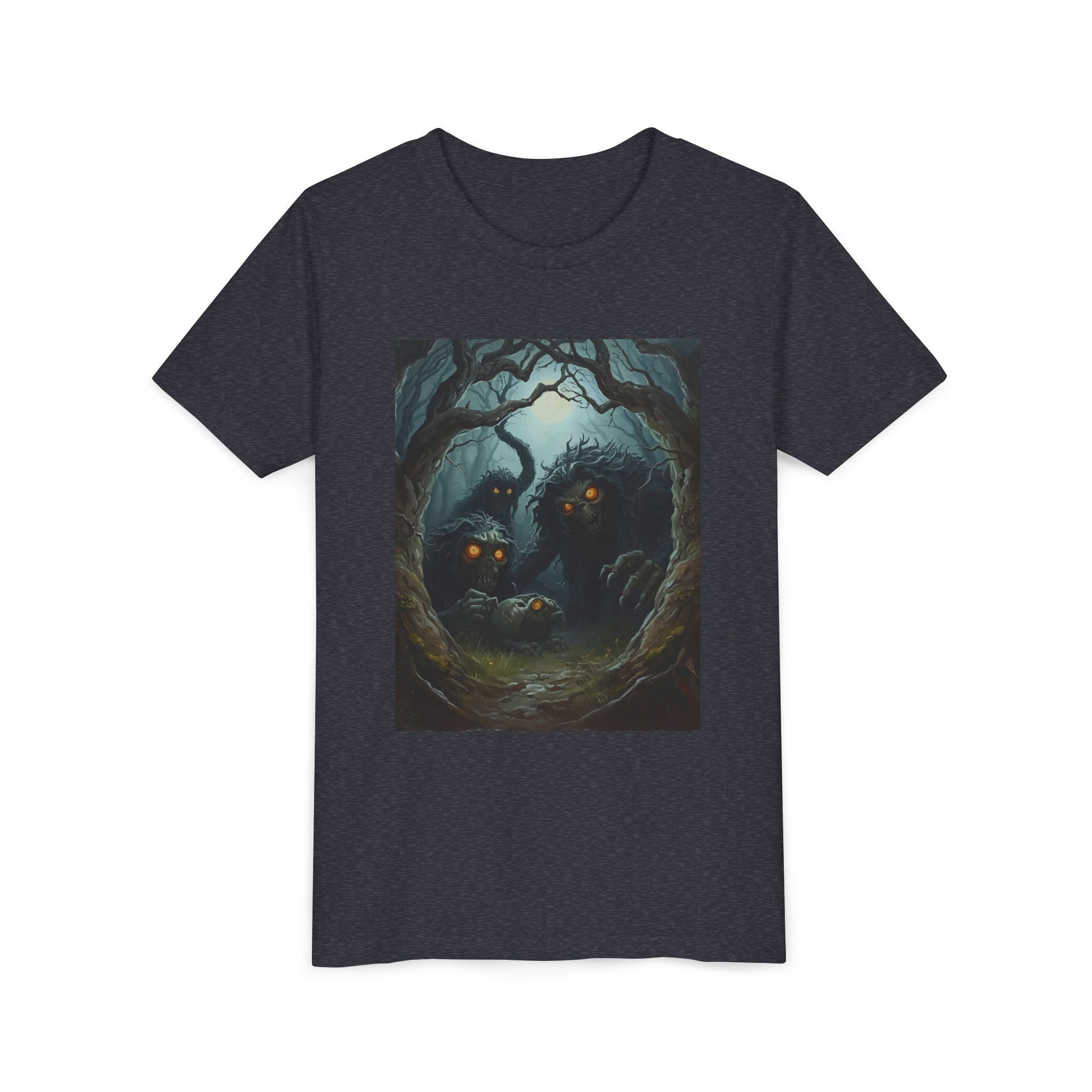 Spooky Mystical Forest Creatures Youth Tee, Cool Graphic T-Shirt, Kids Nature Shirt, Unique Gift for Boys & Girls, Perfect for Halloween