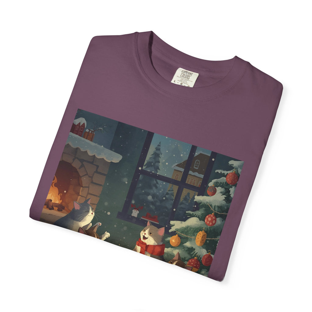 Cozy Cat Campfire T-shirt, Unisex Garment-Dyed Tee, Holiday Gift, Cat Lover Gift, Cute Winter T-shirt, Cozy Nightwear, Christmas Shirt