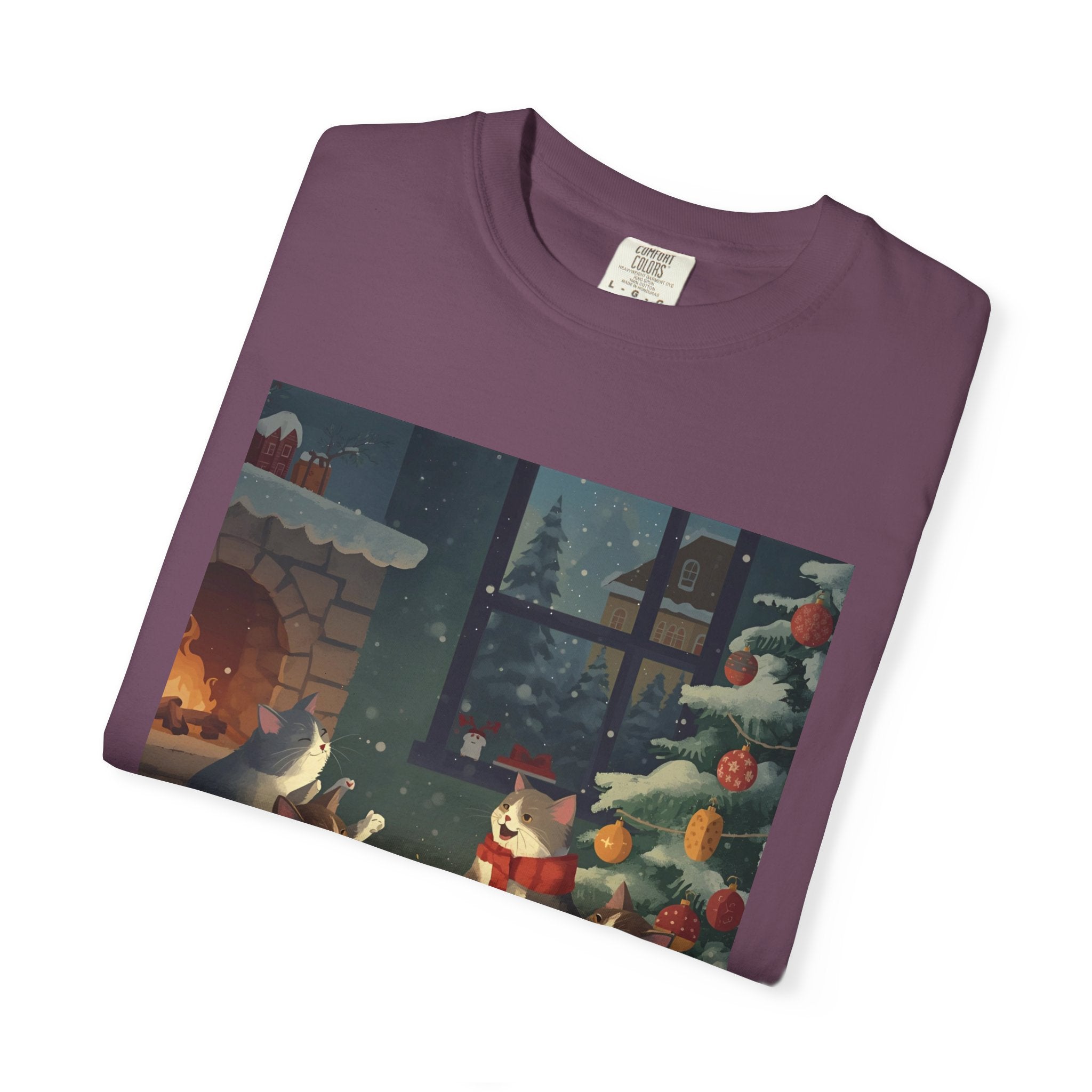 Cozy Cat Campfire T-shirt, Unisex Garment-Dyed Tee, Holiday Gift, Cat Lover Gift, Cute Winter T-shirt, Cozy Nightwear, Christmas Shirt