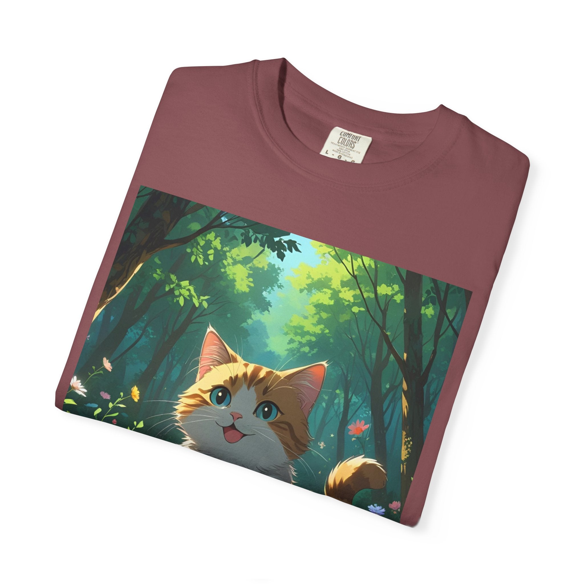 Whimsical Cat In Forest T-Shirt | Nature Lover Gift, Cute Pet Shirt, Animal Art Tee, Summer Outfit, Eco-Friendly Fashion