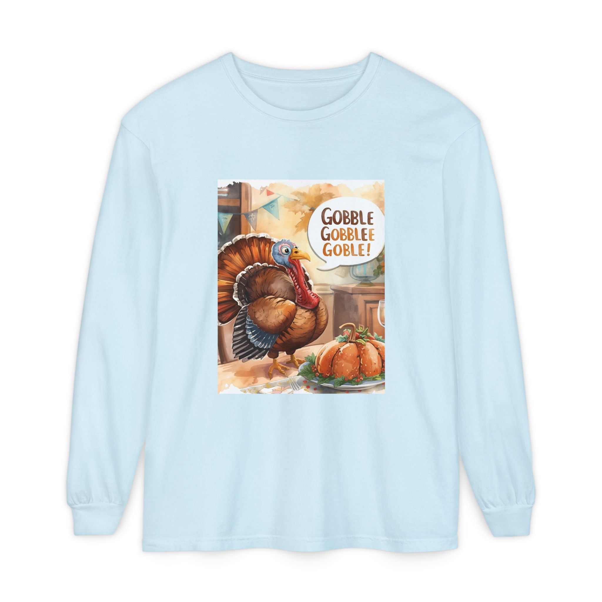 Thanksgiving Long Sleeve T-Shirt with Turkey Design, Fall Apparel, Holiday Gift, Family Gathering Shirt, Gobble Gobble Tee