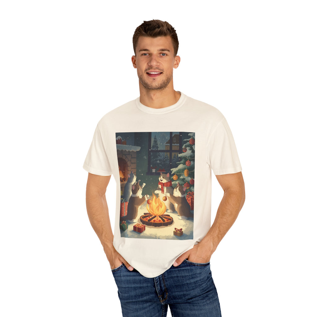 Cozy Winter Cat T-shirt, Unisex Garment-Dyed Shirt, Holiday Gift, Christmas Apparel, Cat Lover Tee, Festive Casual Wear