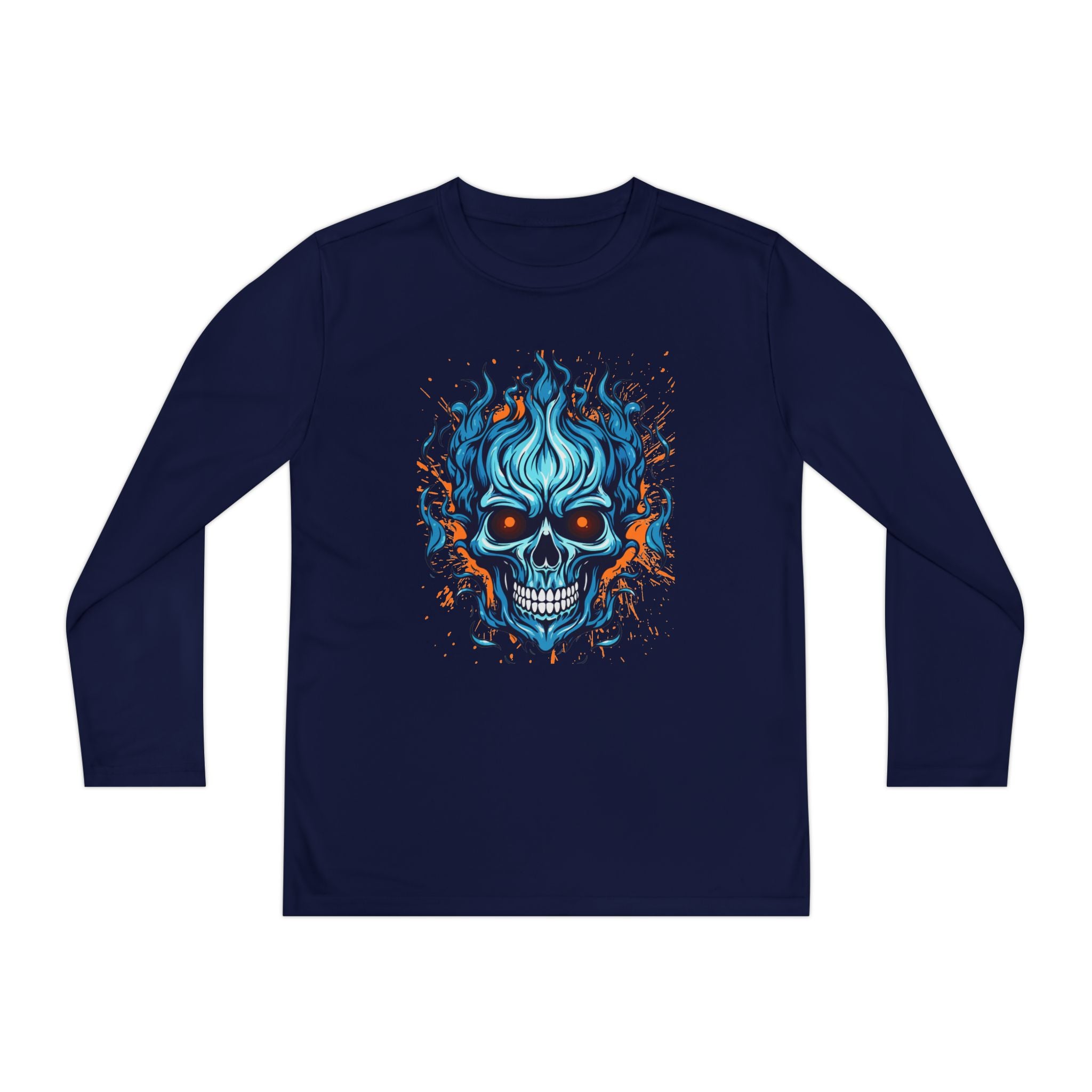 Skull Flame Youth Long Sleeve Skull Tee, Perfect for Halloween, Edgy Gift for Teens, Cozy Casual Wear, Skull Art Graphic Tee, Unique Birthday Present