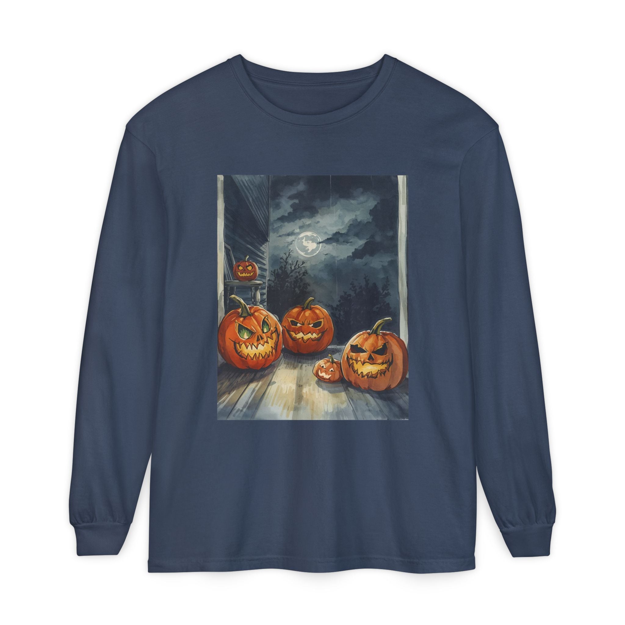 Halloween Pumpkin Scary Unisex Garment-dyed Long Sleeve T-Shirt