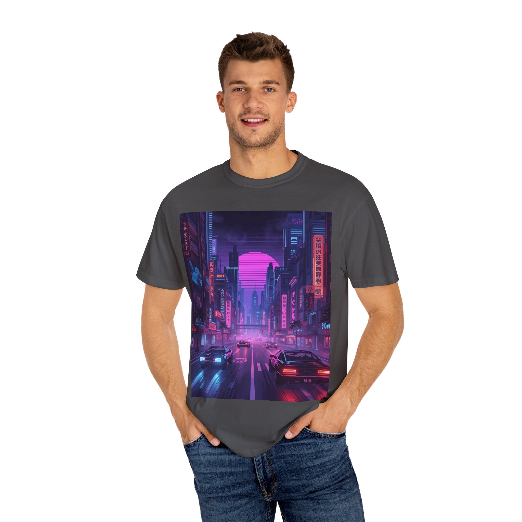 Futuristic Neon Cityscape T-Shirt, Retro Graphic Tee, Unisex Streetwear, Urban Vibe Shirt, Gift for Gamers, Summer Outfit
