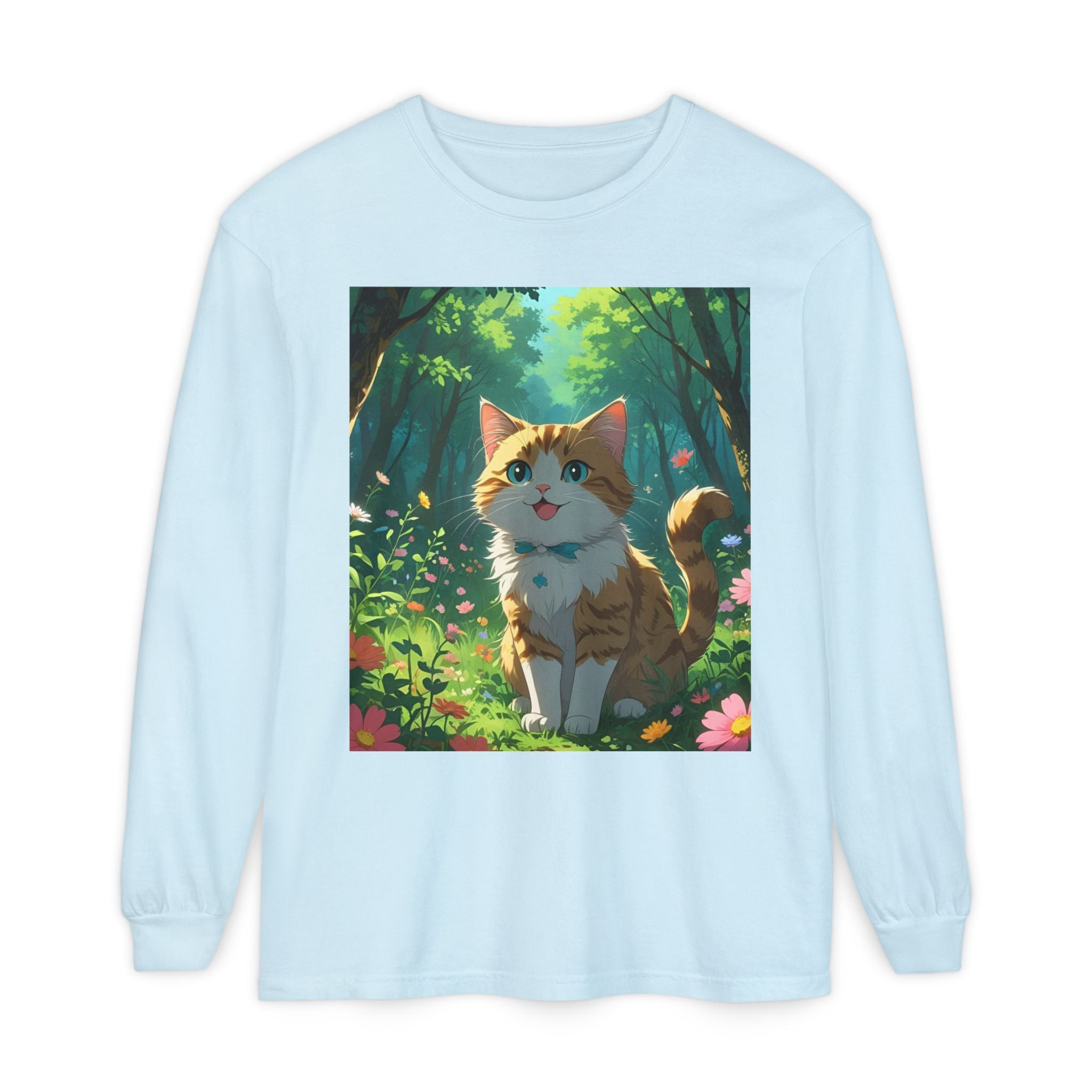 Whimsical Cat In Forest Long Sleeve T-Shirt - Perfect for Cat Lovers, Nature Enthusiasts, Gifts, Cozy Wear, Everyday Style