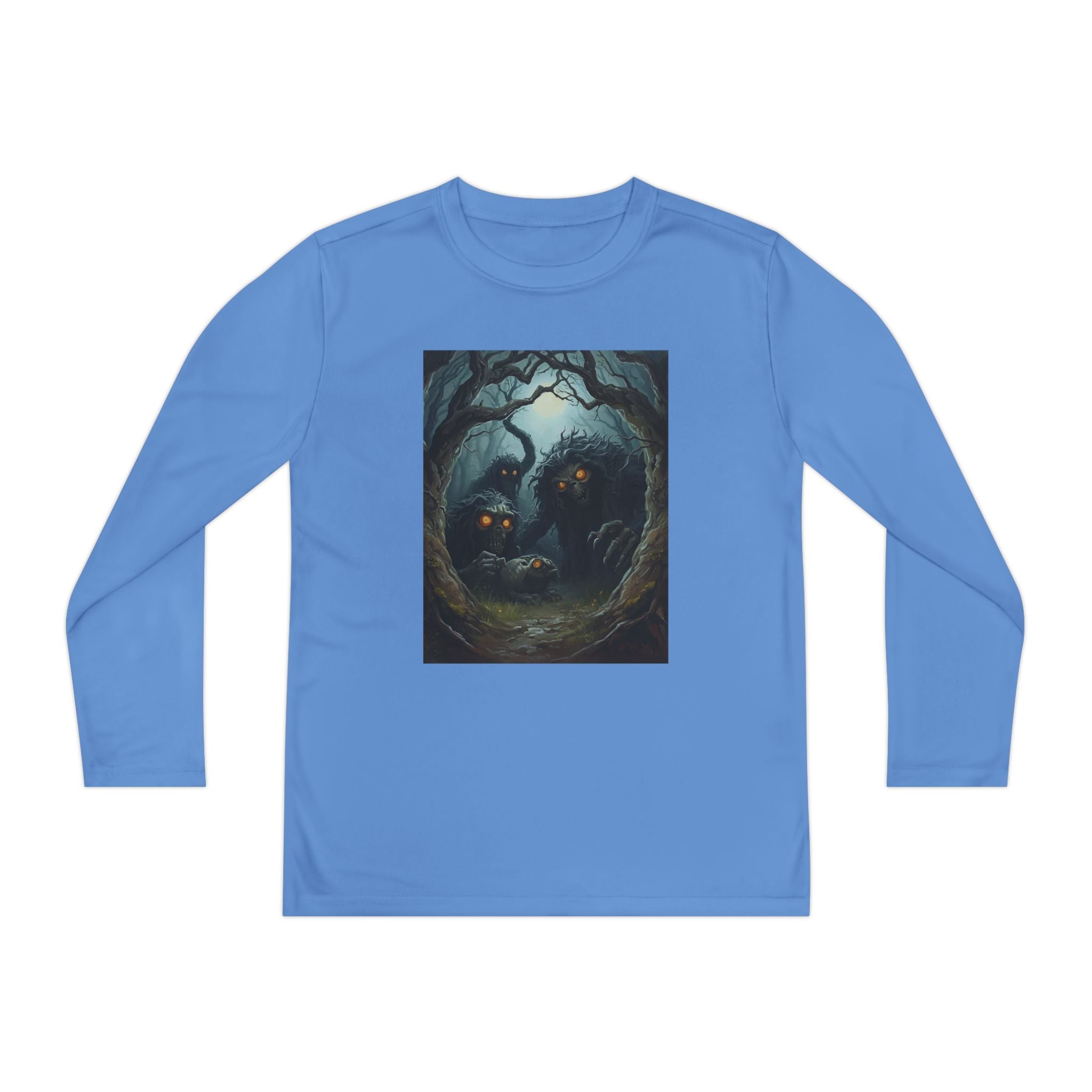 Spooky Forest Creatures Youth Long Sleeve Tee with Enchanted Forest Design, Comfortable Unisex T-Shirt for All Seasons, Perfect for Halloween and Nature Lovers