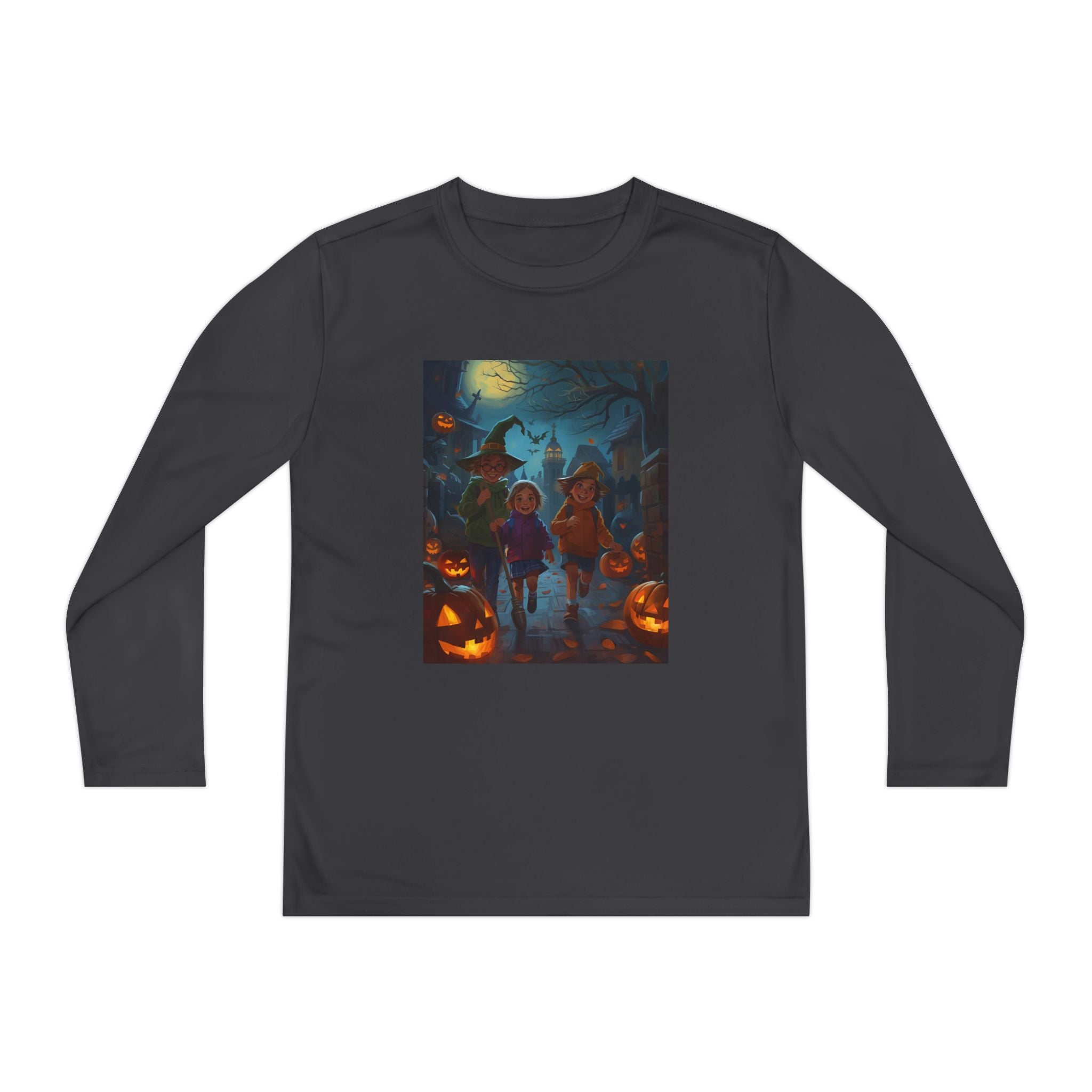 Halloween Themed Youth Long Sleeve Halloween Tee, Spooky Costume Shirt, Kids Trick or Treat Top, Fall Celebration Apparel, Halloween Party Wear