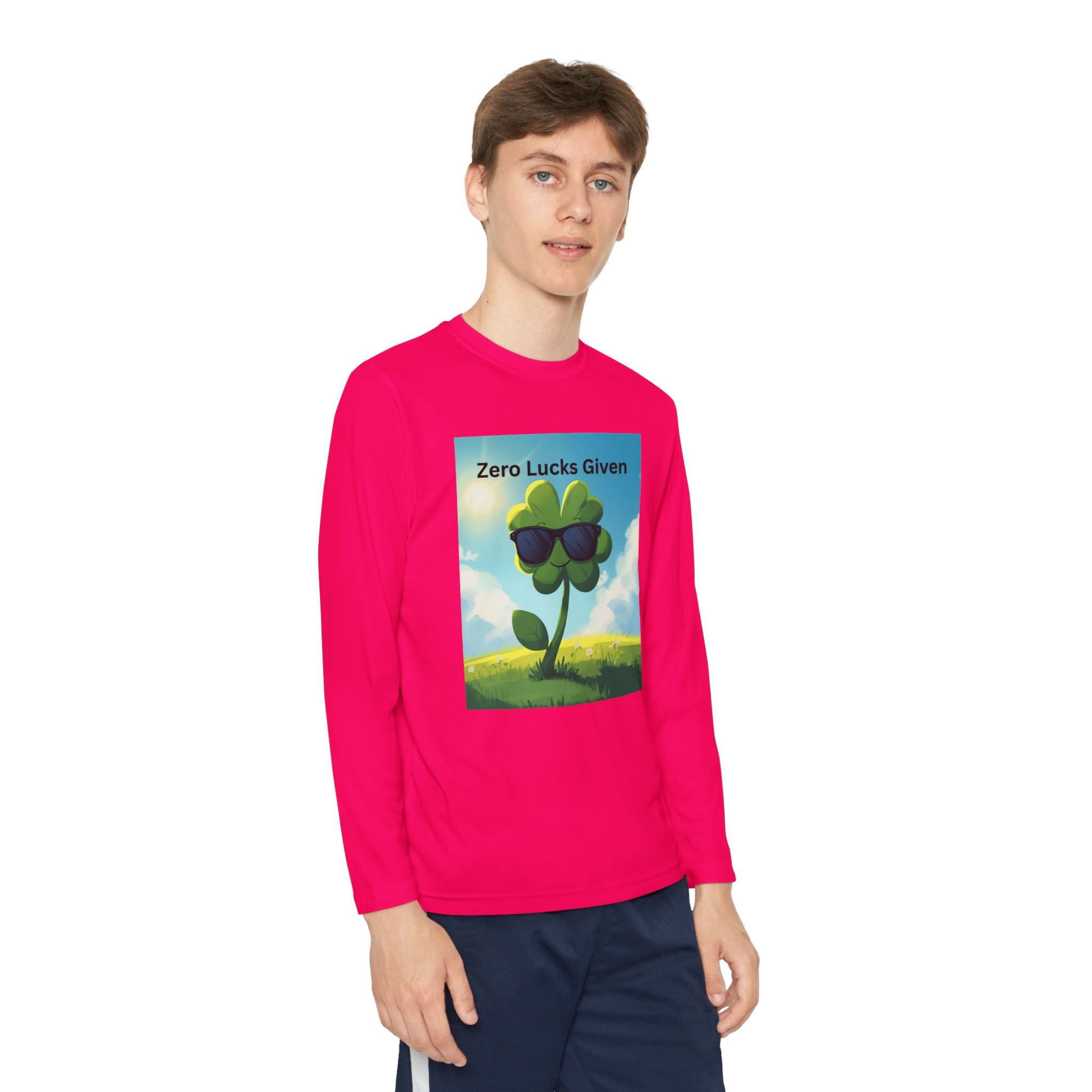 Zero Lucks Given Youth Long Sleeve Tee, Fun Graphic Shirt, Clover Print Top, Gift for Kids, Statement Tee, Birthday Gift