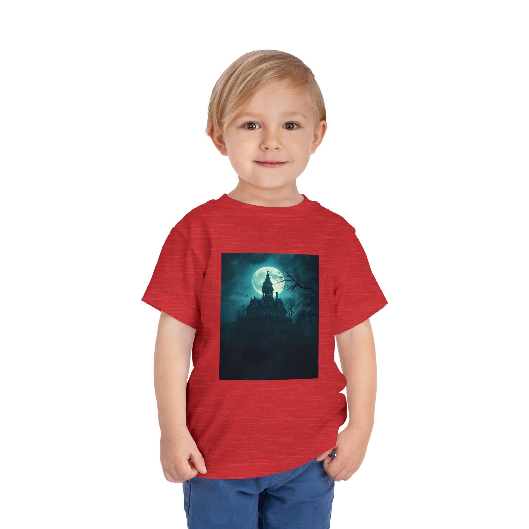 Haunted Moonlight Toddler Halloween Short Sleeve Tee, Ghostly Castle Shirt, Spooky Toddler Tee, Kids Halloween Costume Top, Fall Festivity Apparel