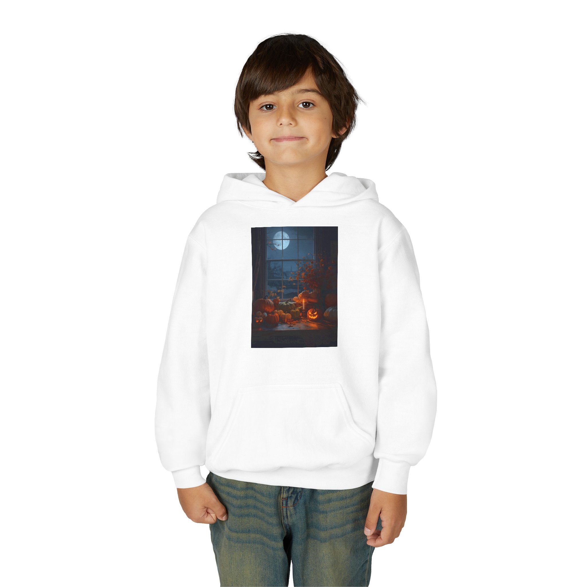 Halloween Pumpkin Youth Hoodie, Cozy Sweatshirt for Kids, Autumn & Halloween Apparel, Spooky Themed Hoodie, Fun Gift for Boys & Girls
