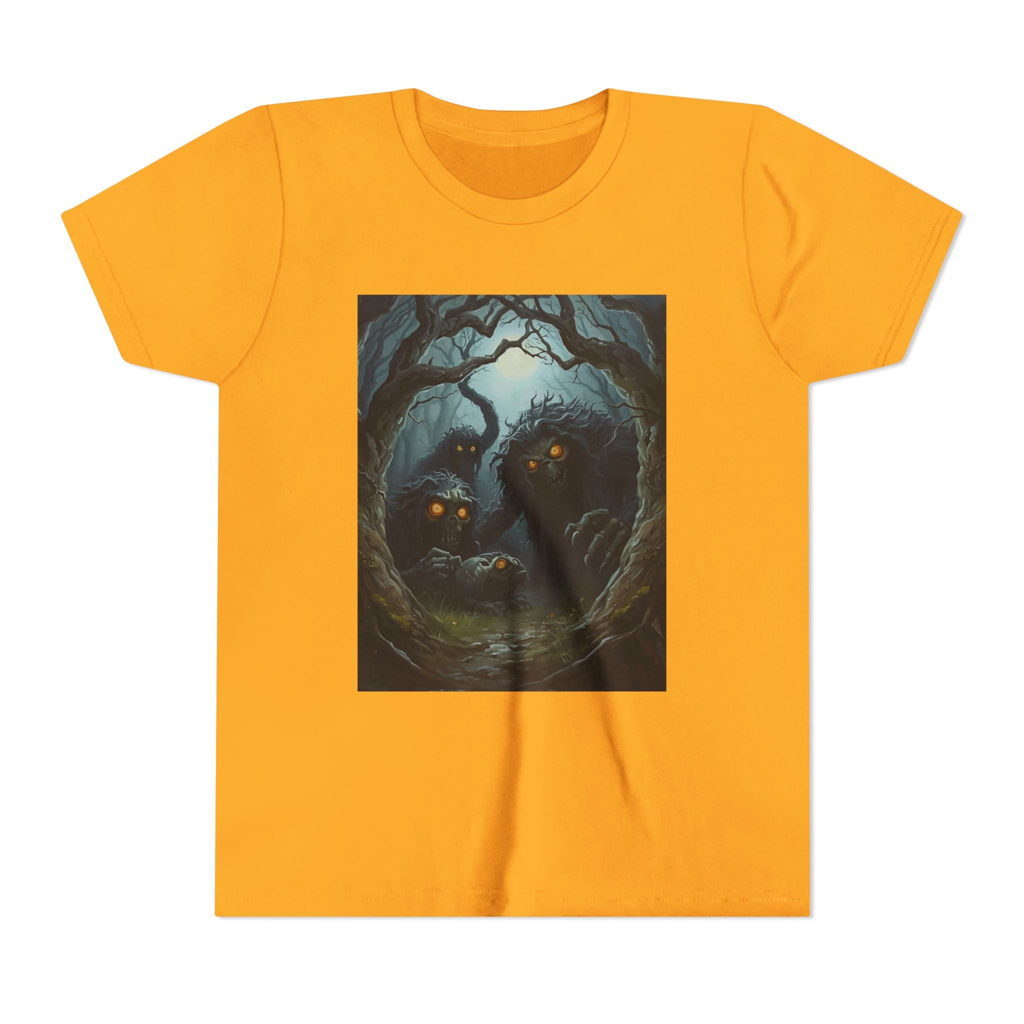Spooky Mystical Forest Creatures Youth Tee, Cool Graphic T-Shirt, Kids Nature Shirt, Unique Gift for Boys & Girls, Perfect for Halloween