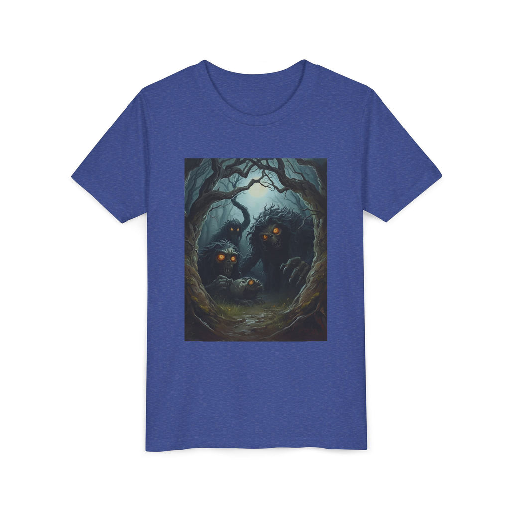Spooky Mystical Forest Creatures Youth Tee, Cool Graphic T-Shirt, Kids Nature Shirt, Unique Gift for Boys & Girls, Perfect for Halloween