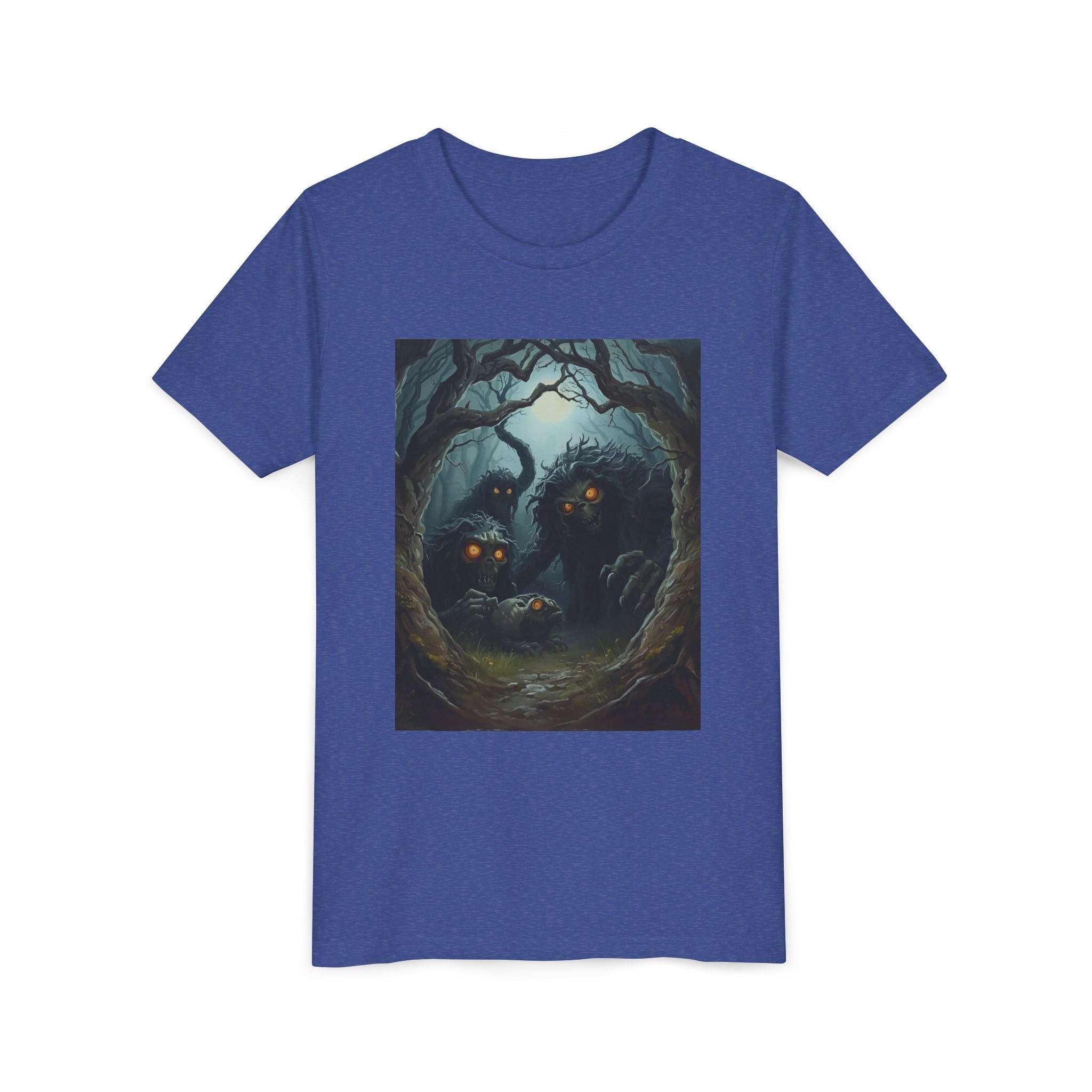 Spooky Mystical Forest Creatures Youth Tee, Cool Graphic T-Shirt, Kids Nature Shirt, Unique Gift for Boys & Girls, Perfect for Halloween