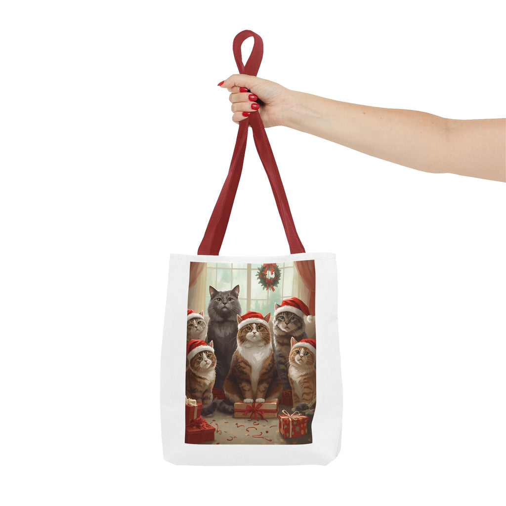 Cute Christmas Festive Cat Tote Bag, Christmas Gift, Holiday Shopping Bag, Cute Cat Lover Bag, AOP Tote for Cat Enthusiasts