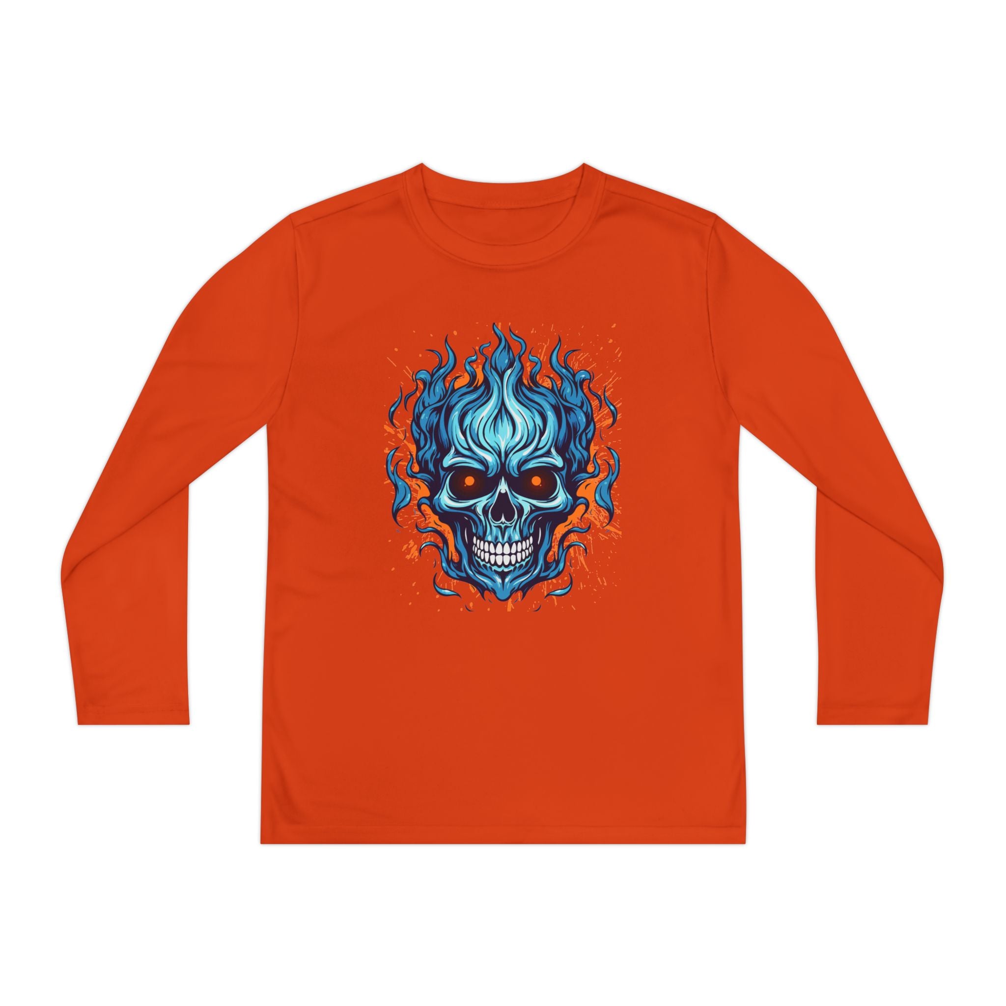 Skull Flame Youth Long Sleeve Skull Tee, Perfect for Halloween, Edgy Gift for Teens, Cozy Casual Wear, Skull Art Graphic Tee, Unique Birthday Present