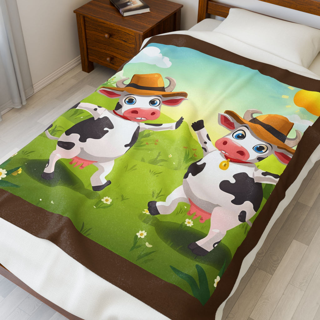 Cute Cows Farm Fun Velveteen Plush Blanket, Kids Blanket, Cow Decor, Cozy Gift, Nursery Bedding, Playroom Accessory, Animal Theme