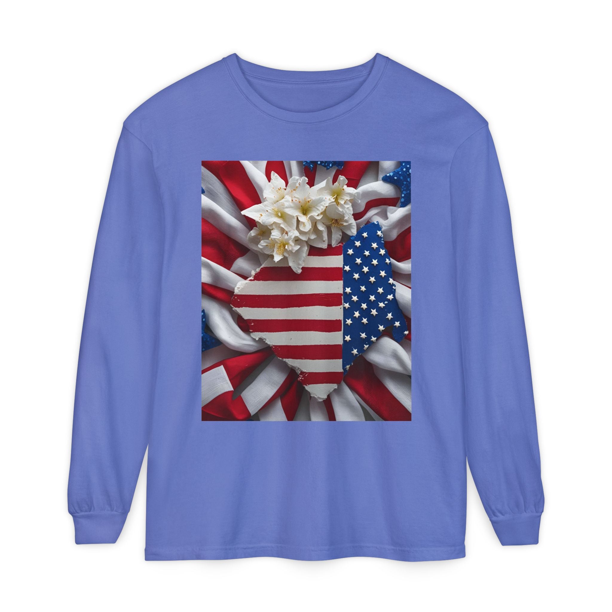 Patriotic Long Sleeve T-Shirt | Unisex Garment-Dyed Tee for Independence Day, Memorial Day, Fourth of July, Summer BBQs, Gifts