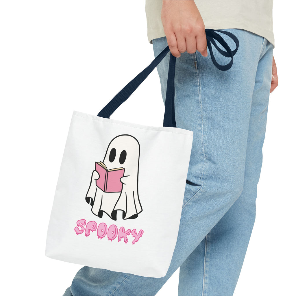 Spooky Ghost Reading Tote Bag | Halloween Accessory, Cute Book Lover Gift, Eco-Friendly, Shopping Bag, AOP Design