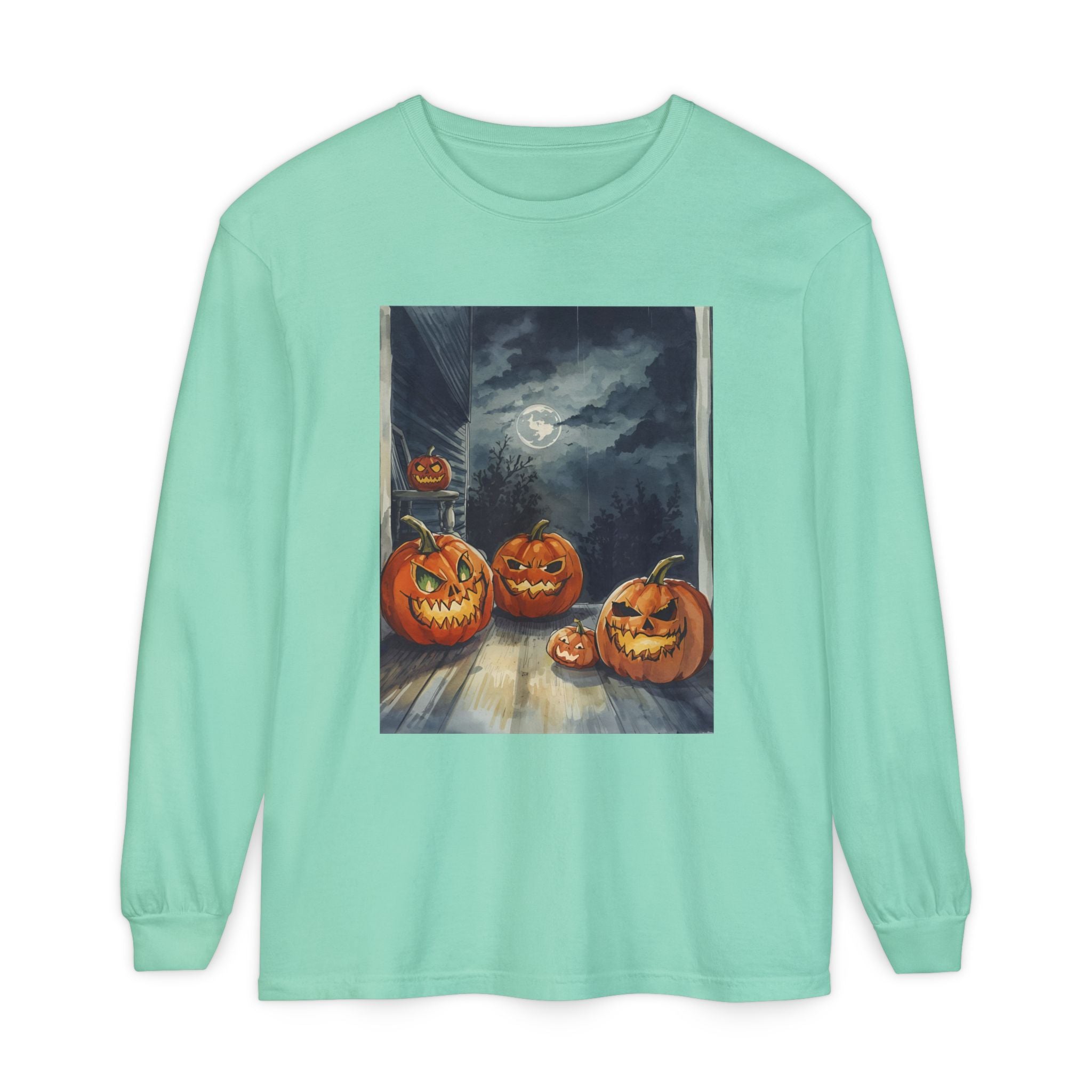 Halloween Pumpkin Scary Unisex Garment-dyed Long Sleeve T-Shirt