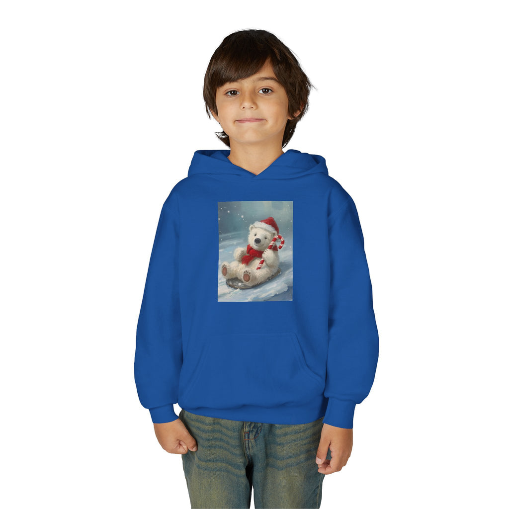 Cozy Christmas Bear Youth Hooded Sweatshirt, Winter Hoodie, Holiday Gift, Cute Sweatshirt for Kids, Festive Apparel