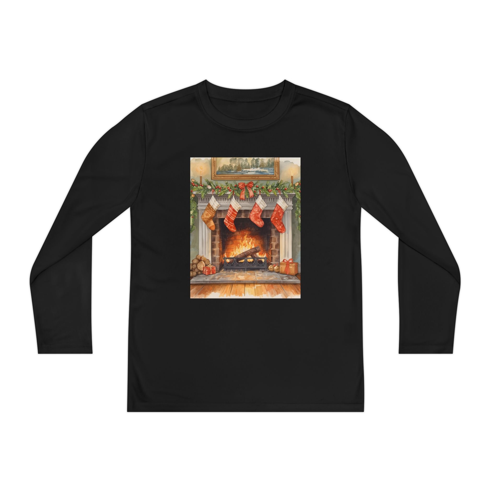 Christmas Stocking Fireplace Youth Long Sleeve Competitor Tee