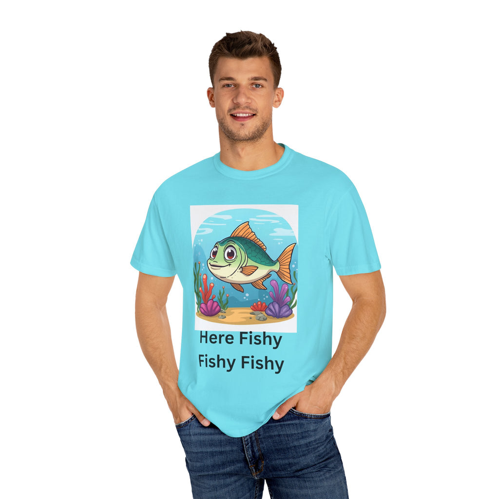 Here Fishy Fishy Fishy Colorful Fish-Themed Unisex T-Shirt, Fun Graphic Tee for Kids and Adults, Perfect for Summer, Fishing Trips, and Gift Giving